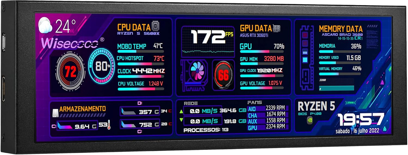 7.84 Inch Mini Monitor HD IPS 1280X400 Secondary Screen Stretched Bar LCD Displa