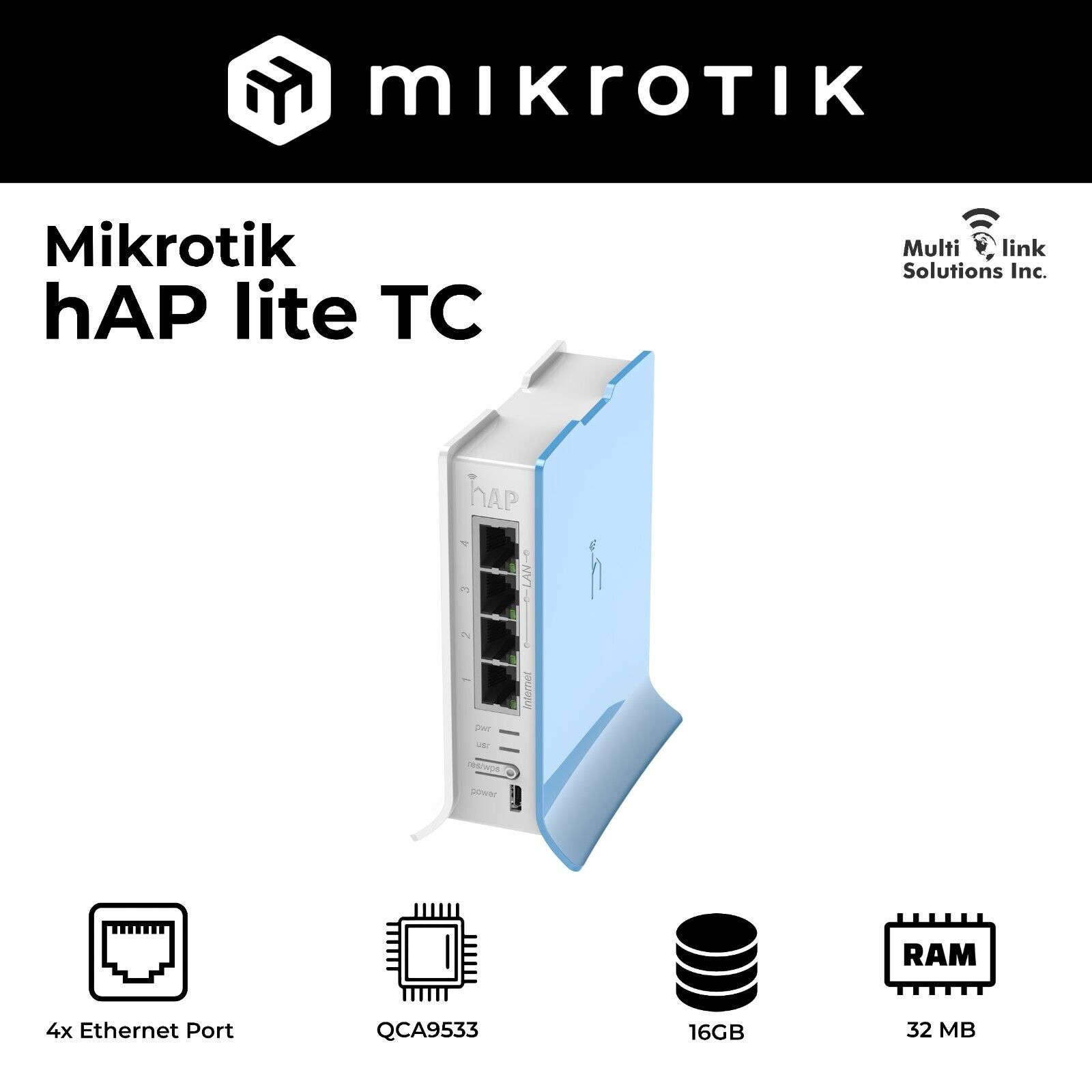 Mikrotik RB941-2nD-TC hAP Lite 32MB 4 X 10/100 2.4Ghz 802.11b/g/n 2x2 OSL4