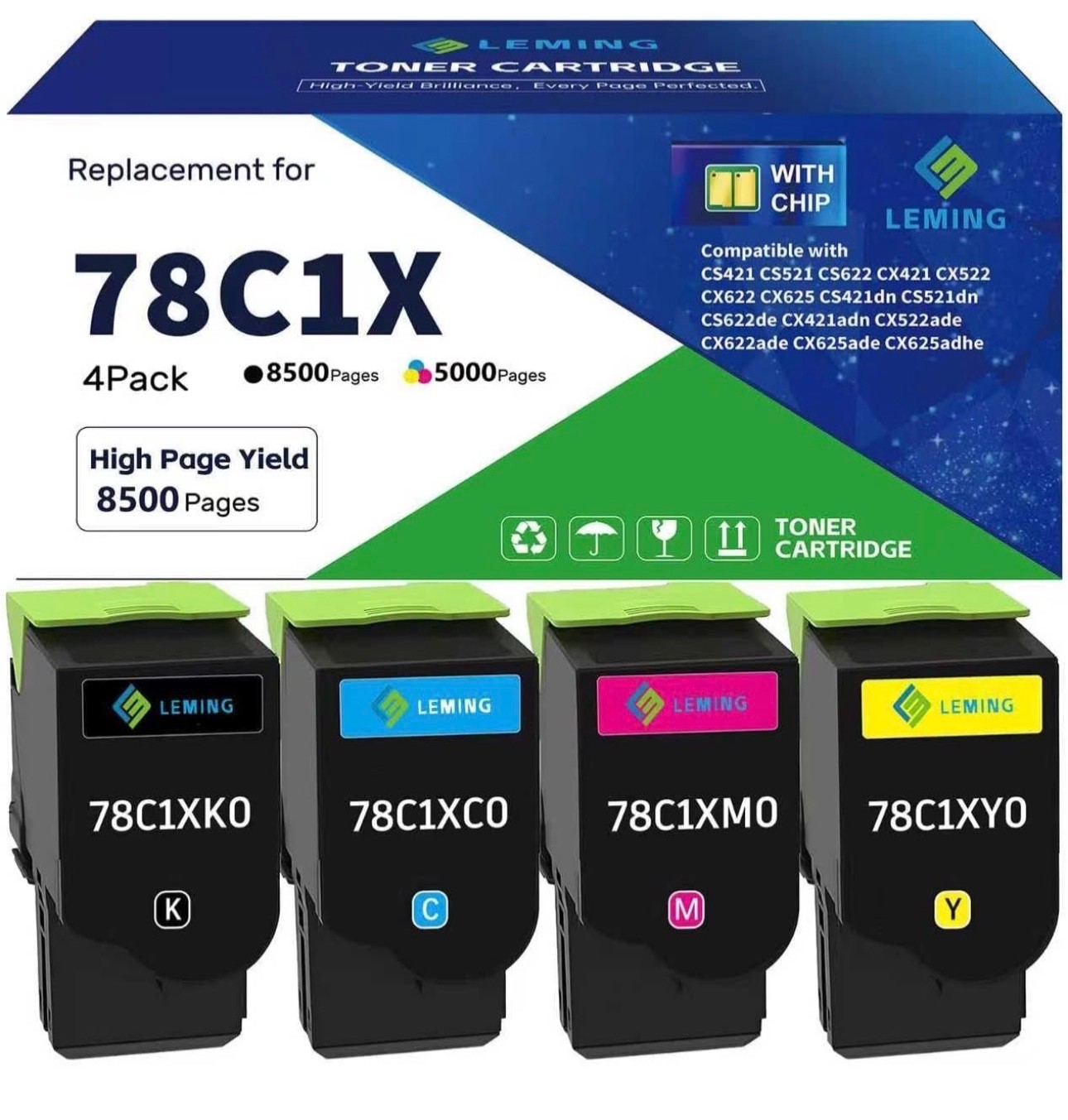 78C1X Toner Cartridges for Lexmark CS421 CX522 CX622 CS521 CX421 CS522 CX625