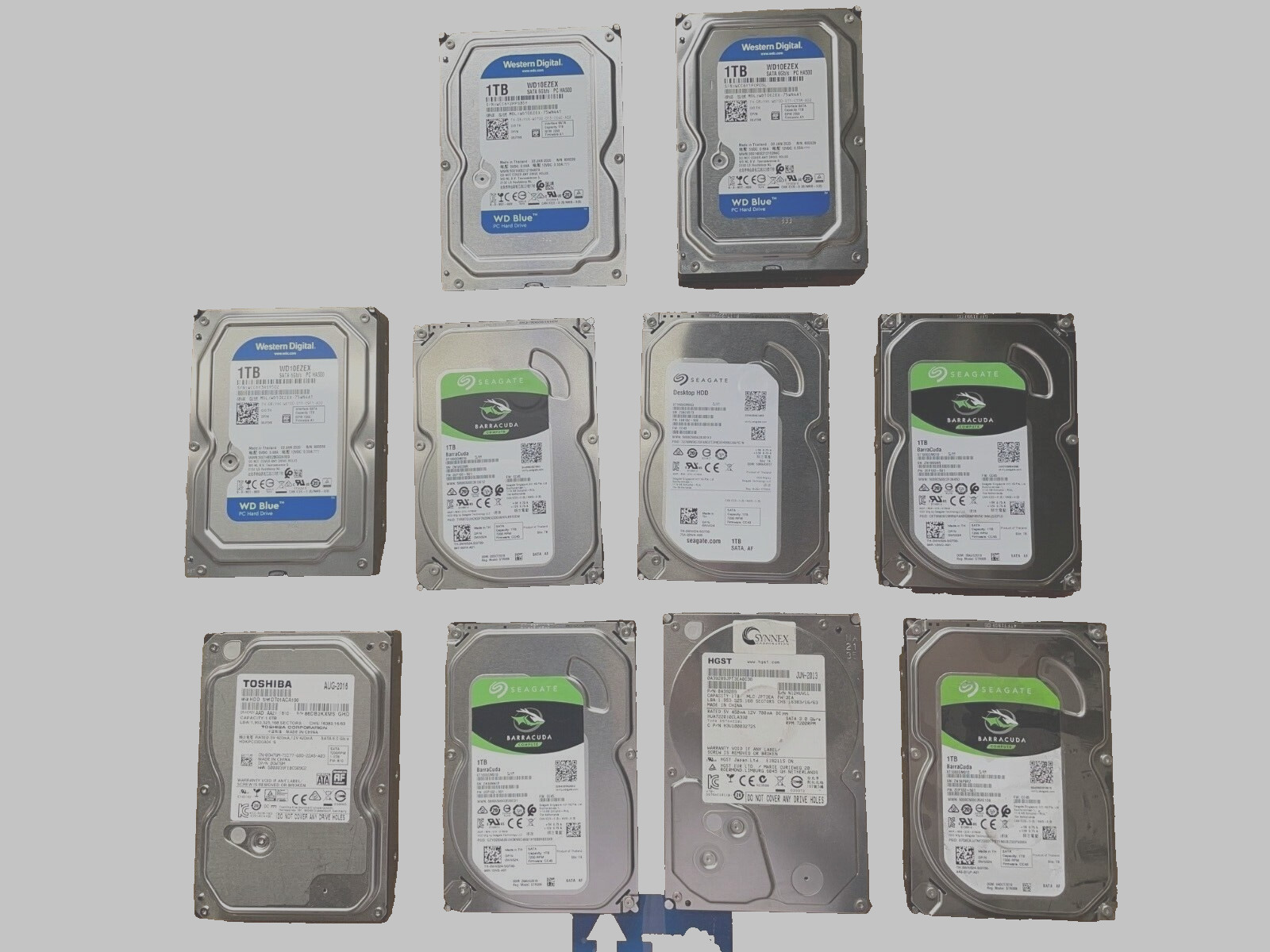 LOT OF 10 1TB 3.5" SATA MIXED Brand Desktop Hard Drives (NO BAD SECTOR) 7200RPM