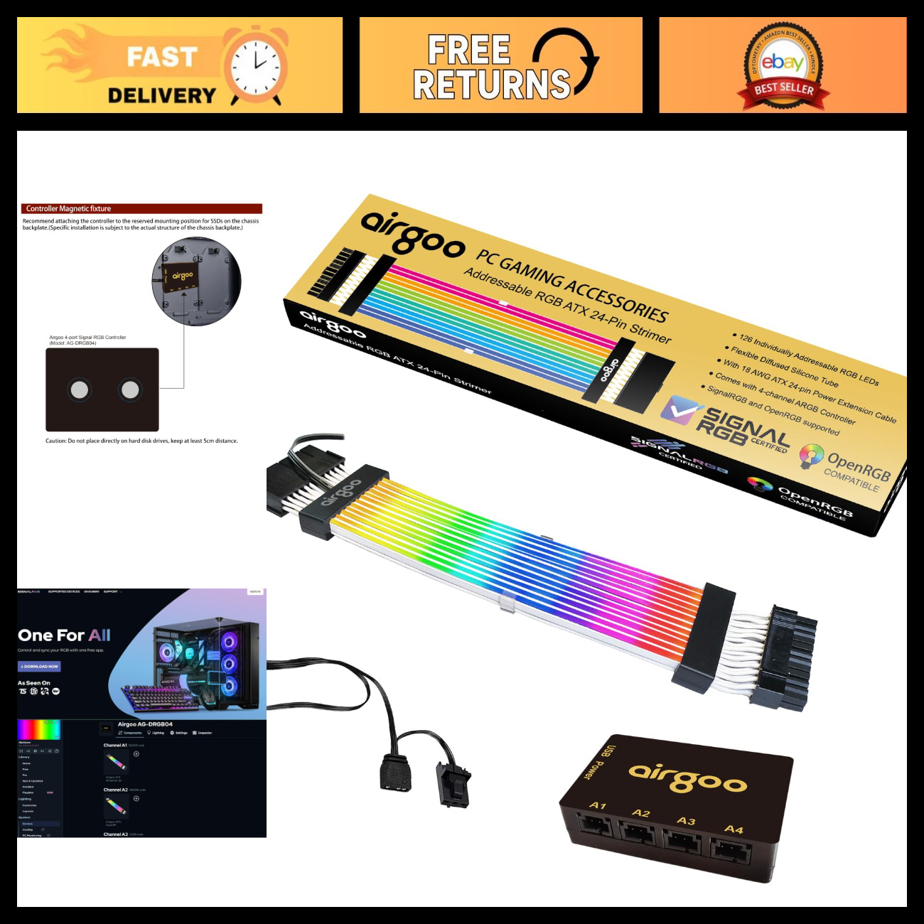 Addressable RGB 24-Pin PSU Extension Cable, ATX Strimer, Customizable Lighting