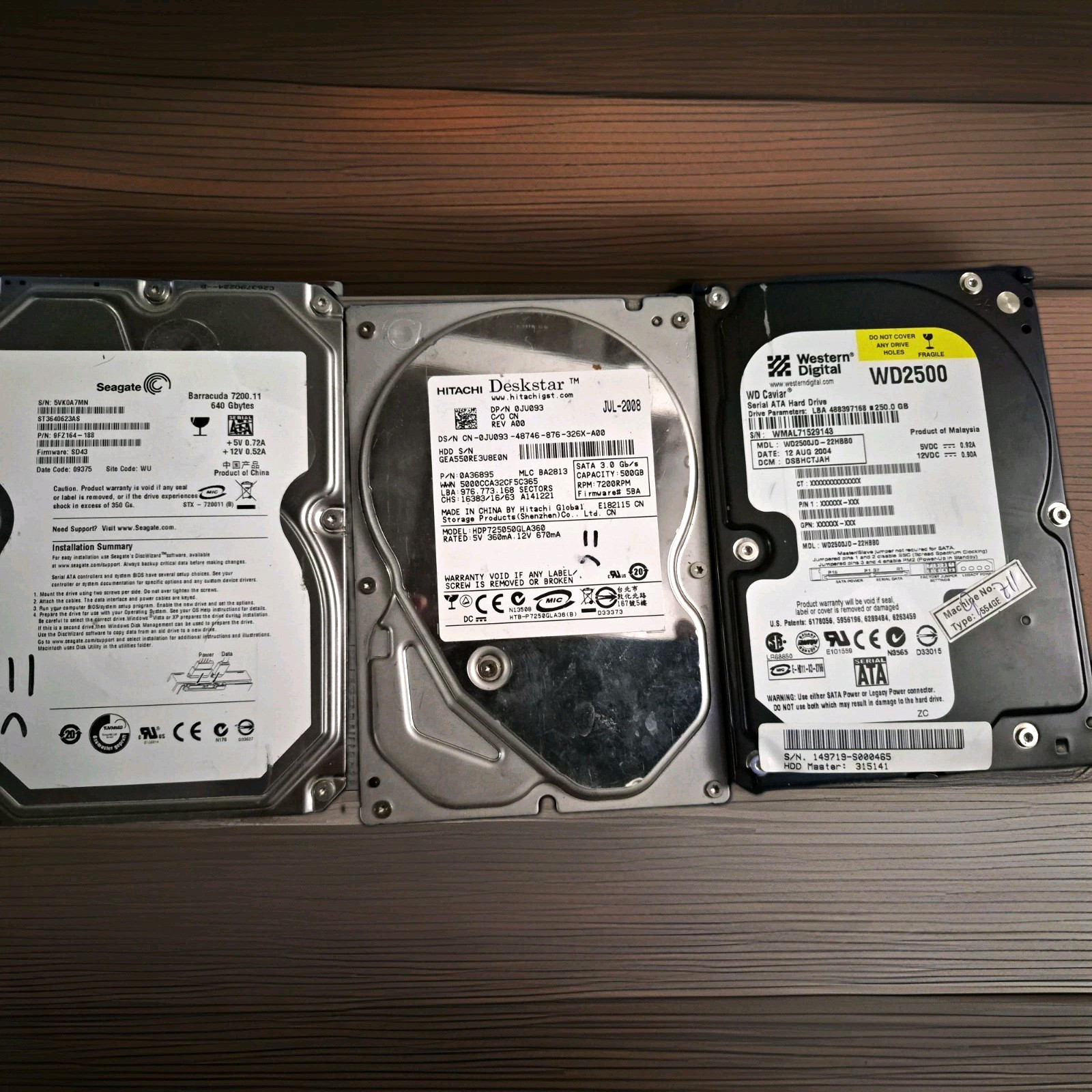 Seagate Hitachi WD 3.5" SATA HDD Lot 640GB 320GB 250GB 7200RPM