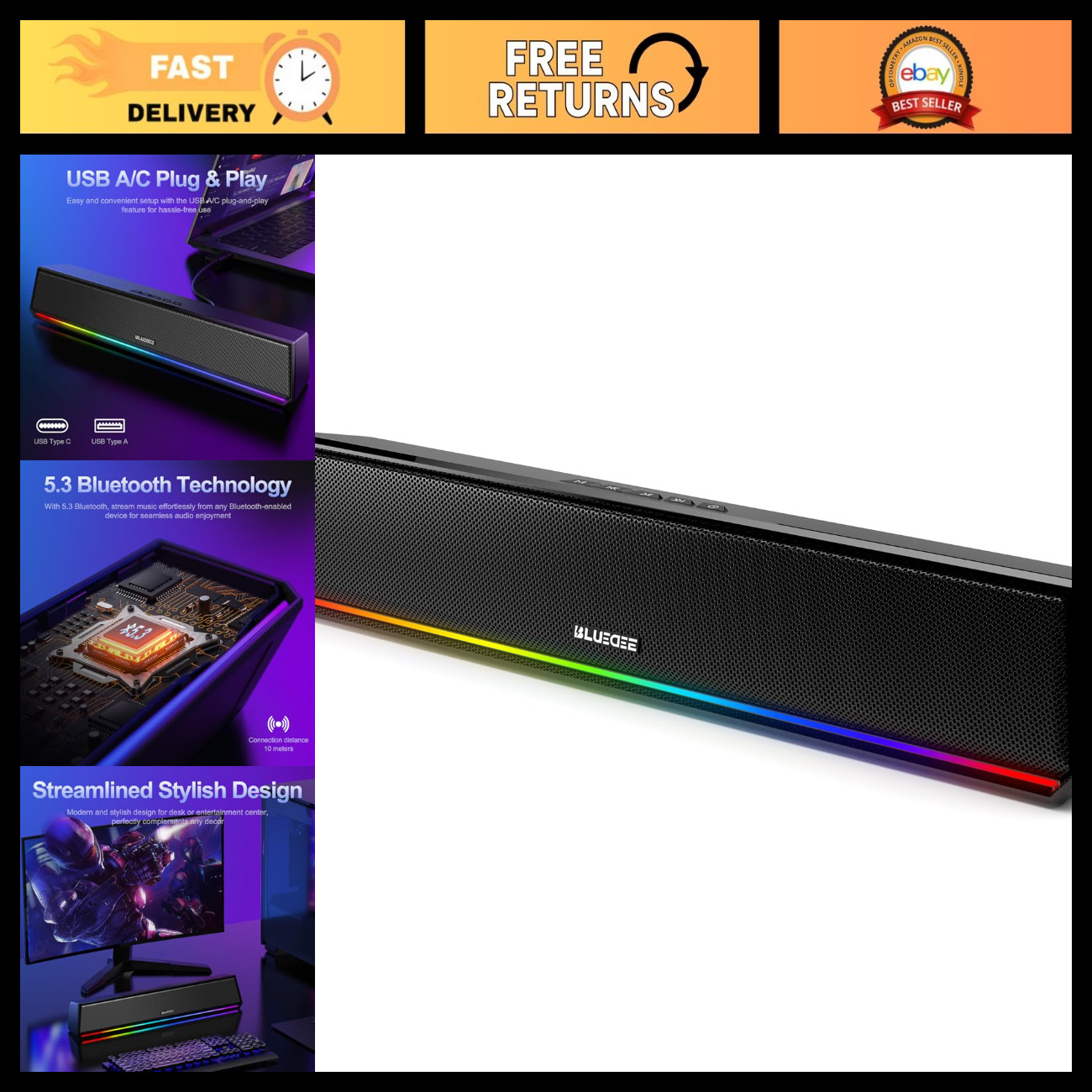 Bluetooth USB Computer Speakers for Desktop PC - RGB Sound Bar, High-Quality Aud