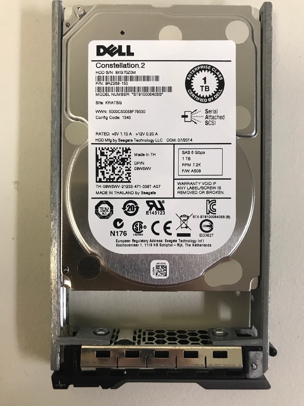 9W5WV DELL 09W5WV 1TB 7.2K 6G SFF SAS Hard Drive Seagate ST91000640SS w tray