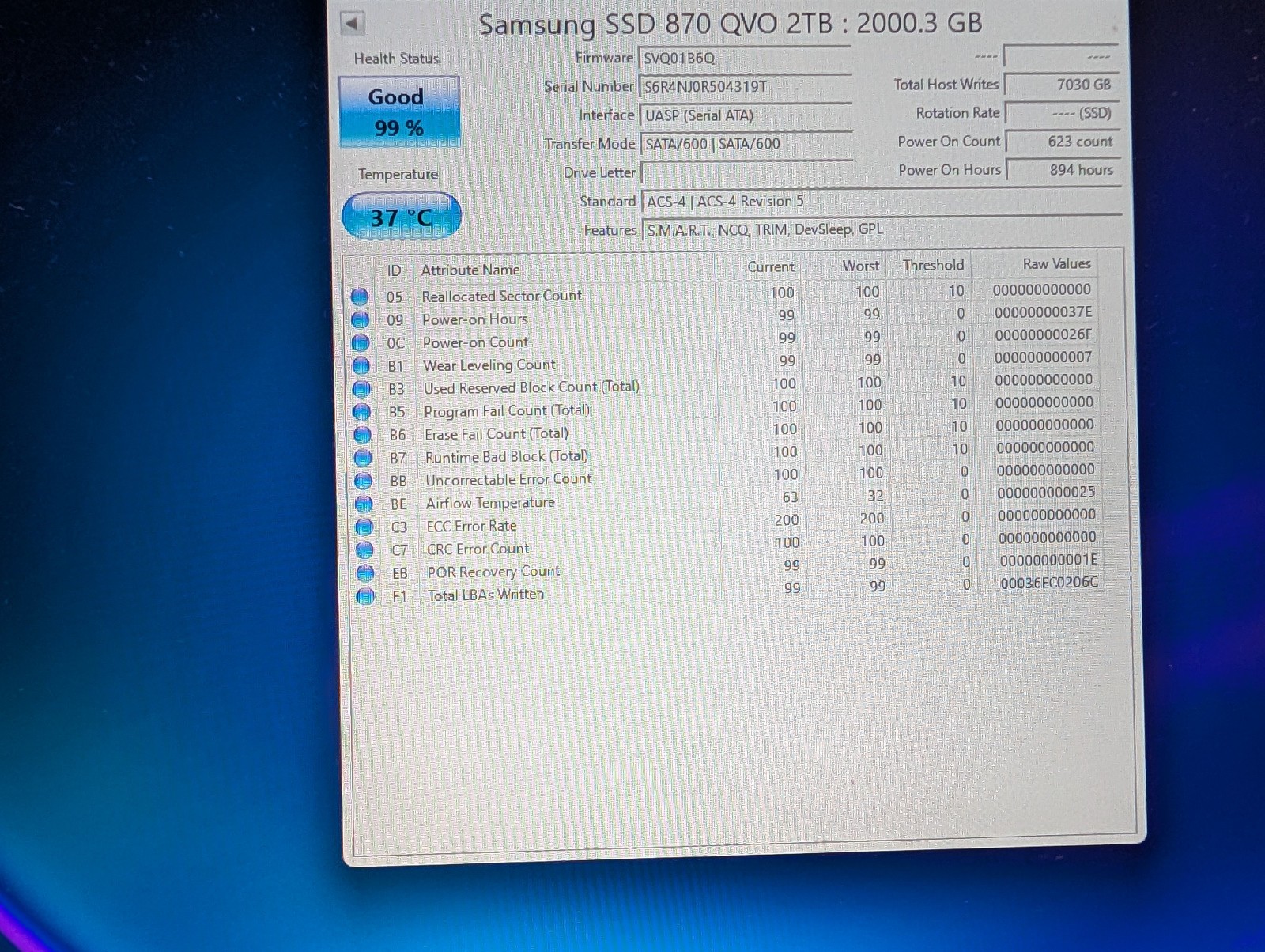 99% Health Samsung 870 QVO 2TB 2.5" SATA III Internal SSD (MZ-77Q2T0B/AM)