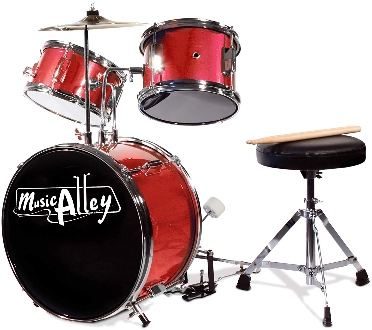 3 Piece Kids Drum Set with Throne Cymbal Sticks Red