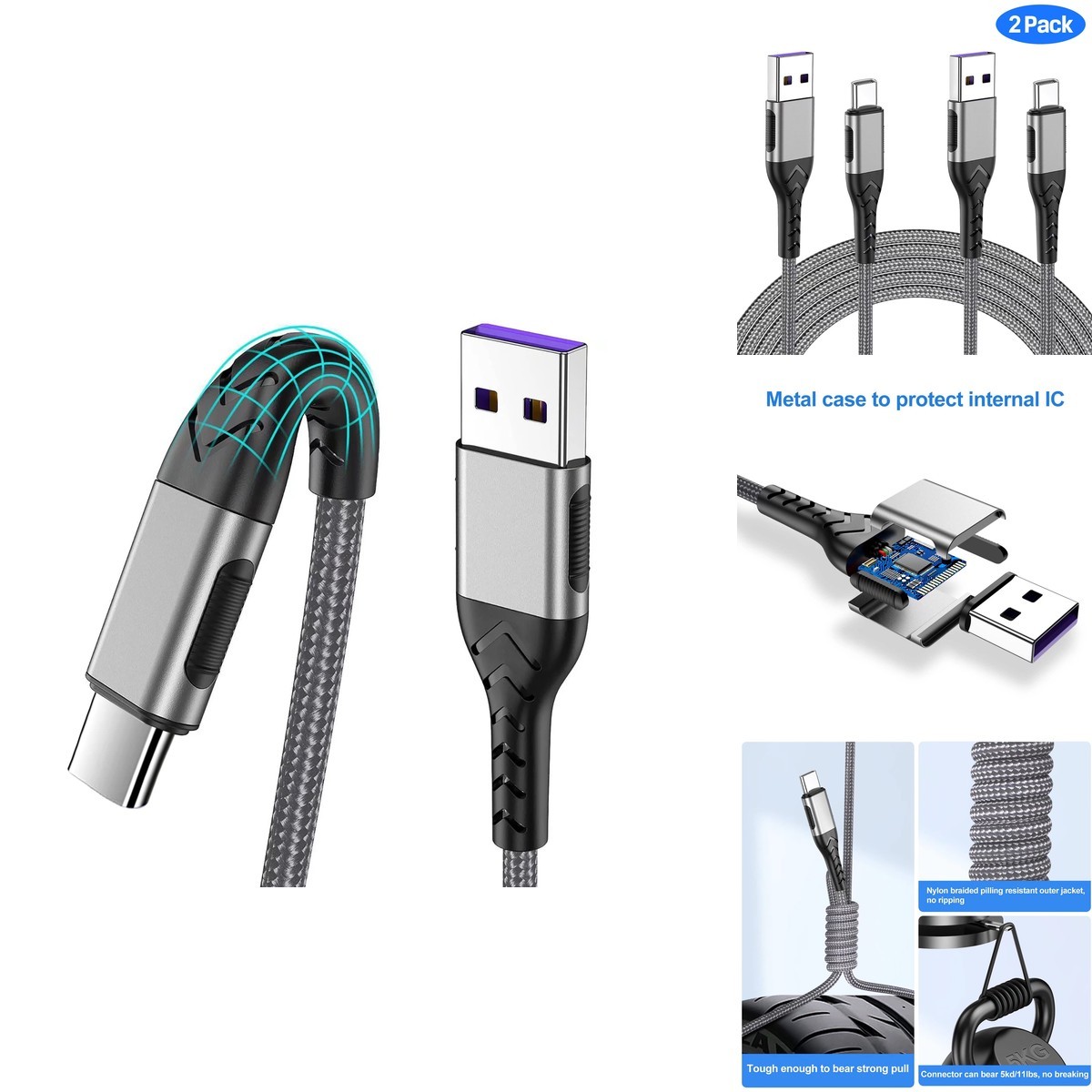 2Pack 10ft USB C Braided Cable for iPhone 15/Pro/Plus/Max Silver