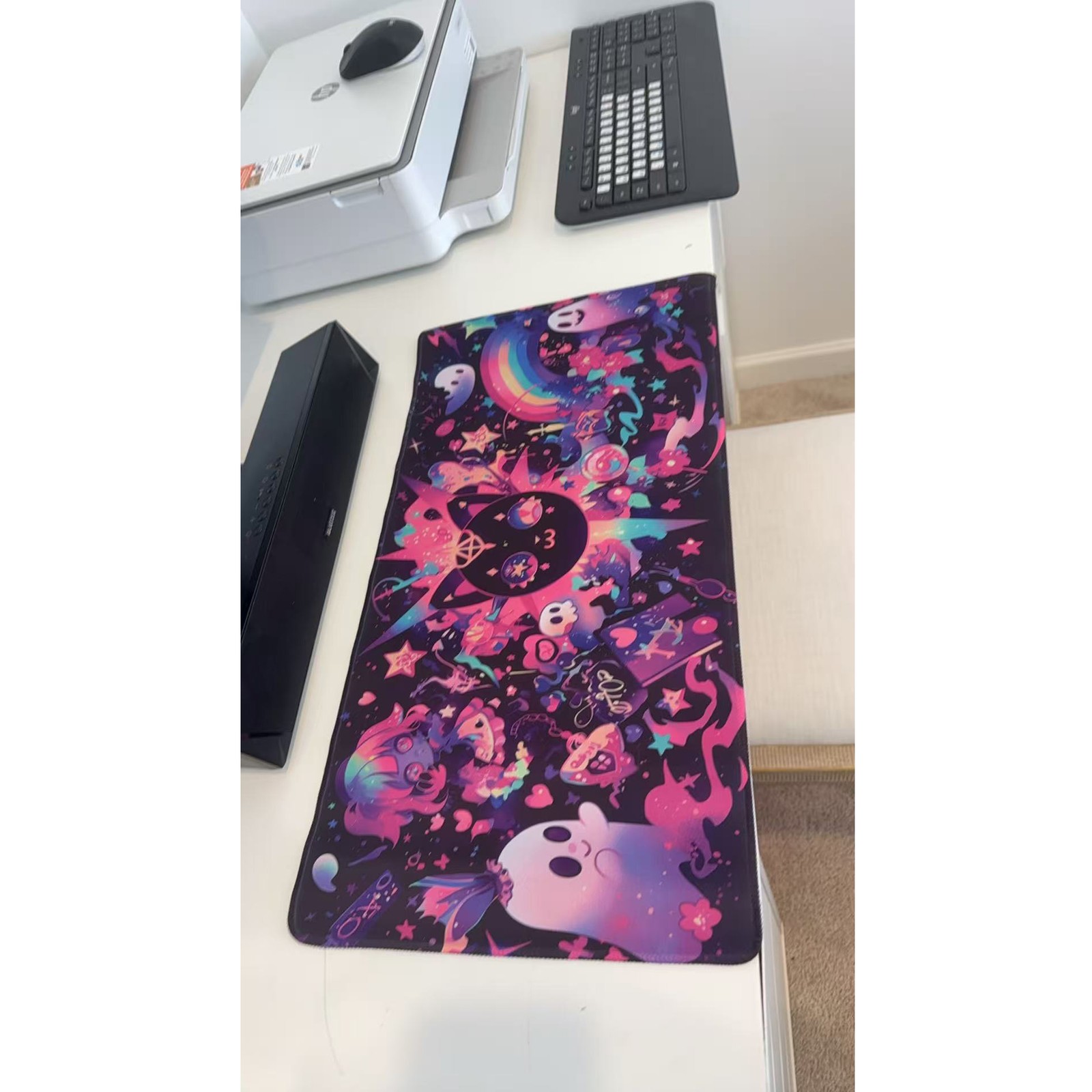 Kawaii Ghost & Rainbow Oversized Mouse Pad 23.6" X 11.5" Non-Slip Desk Mat