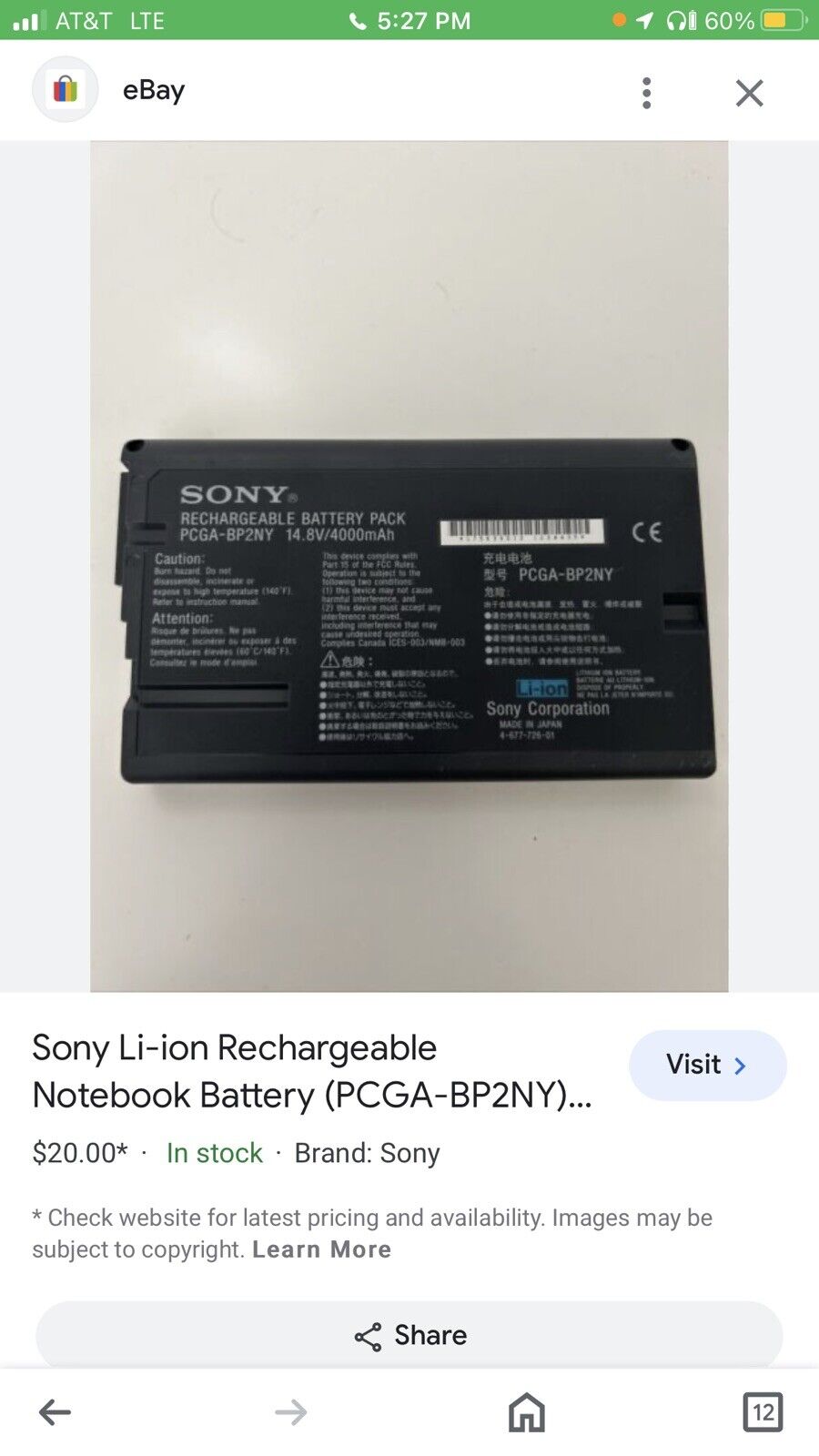 Sony Li-ion Rechargeable Notebook Battery (PCGA-BP2NY).