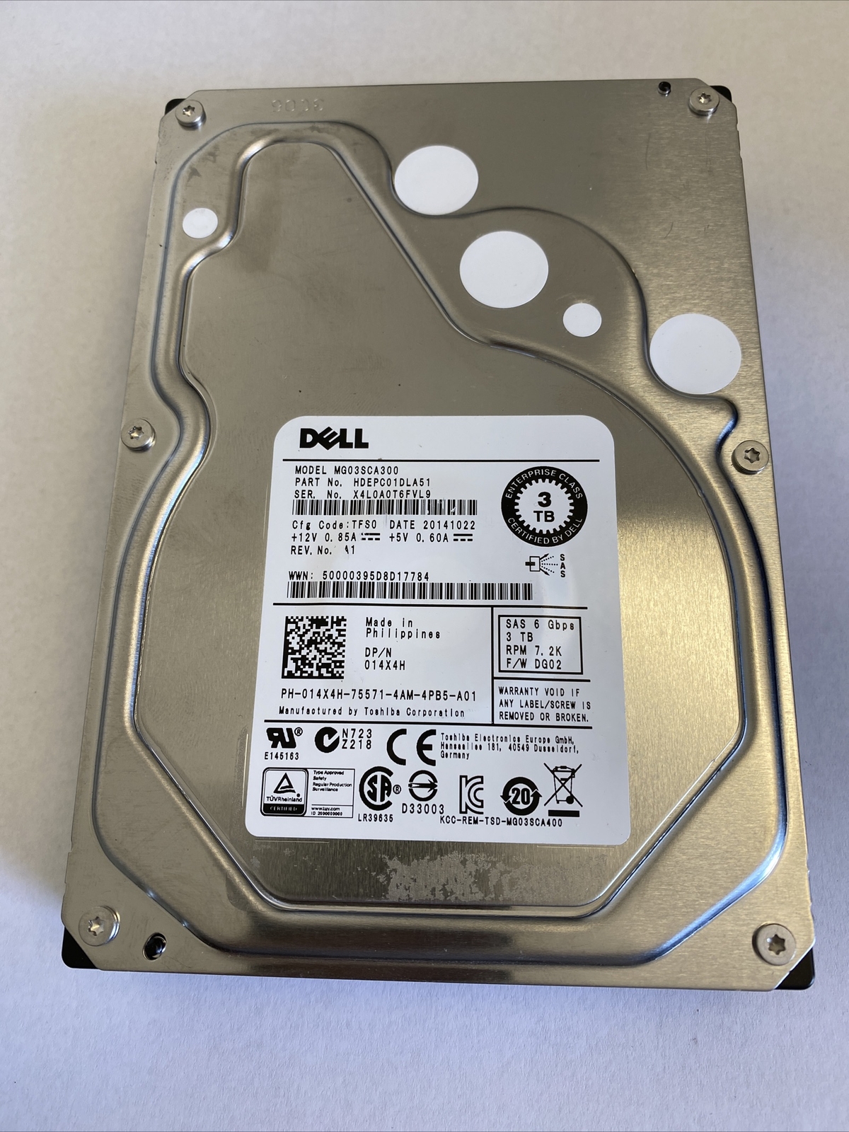 14X4H  MG03SCA300 Dell 3TB 7.2K 3.5'' NL SAS 6Gbs HDD Hard Drive W/TRAY 014X4H