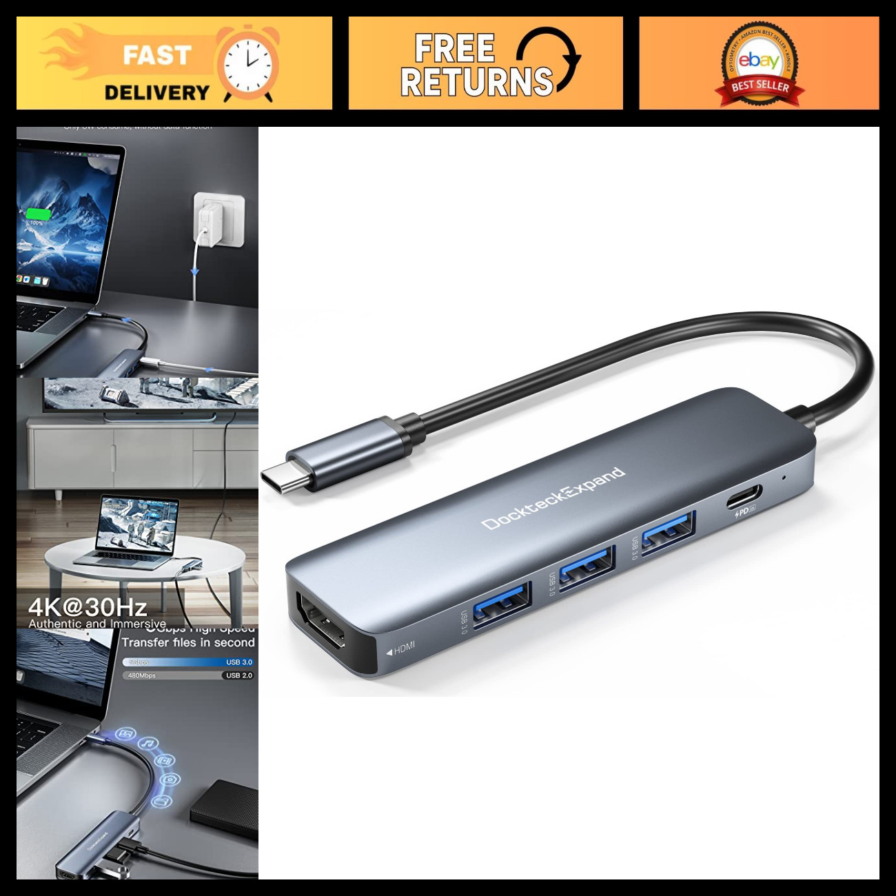 5-in-1 USB-C Hub Multiport Adapter, HDMI, USB 3.0, SD Card Reader, Fast Charging