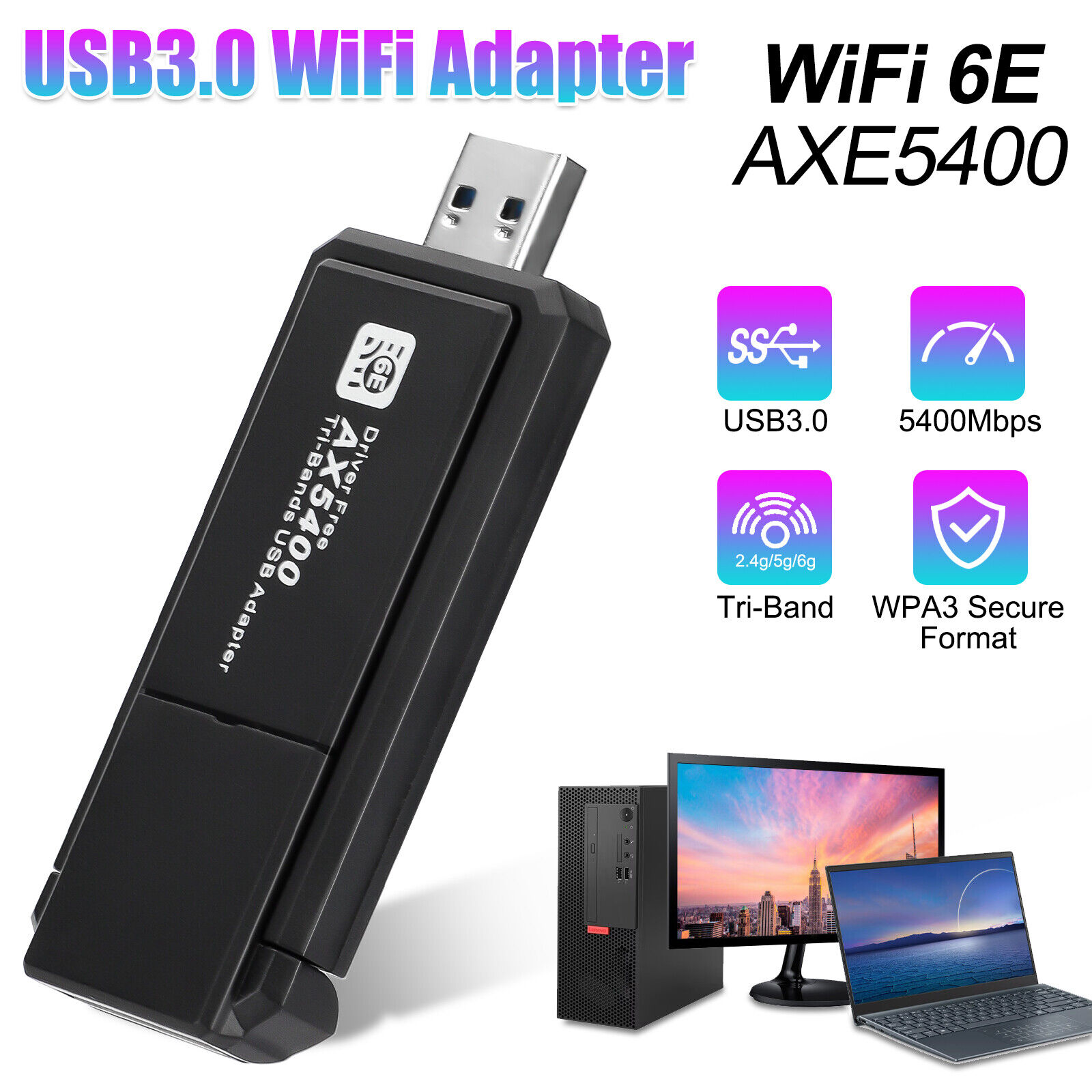USB 3.0 WiFi 6E WiFi Adapter Tri-Band 6GHz Wireless Network Card for Desktop PC