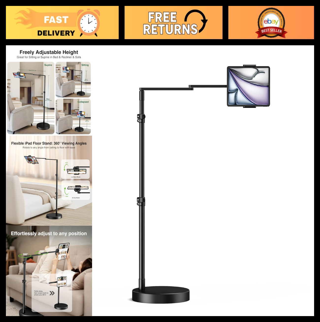 Adjustable Aluminum Tablet Floor Stand for Bed, iPad Holder, Portable & Versatil
