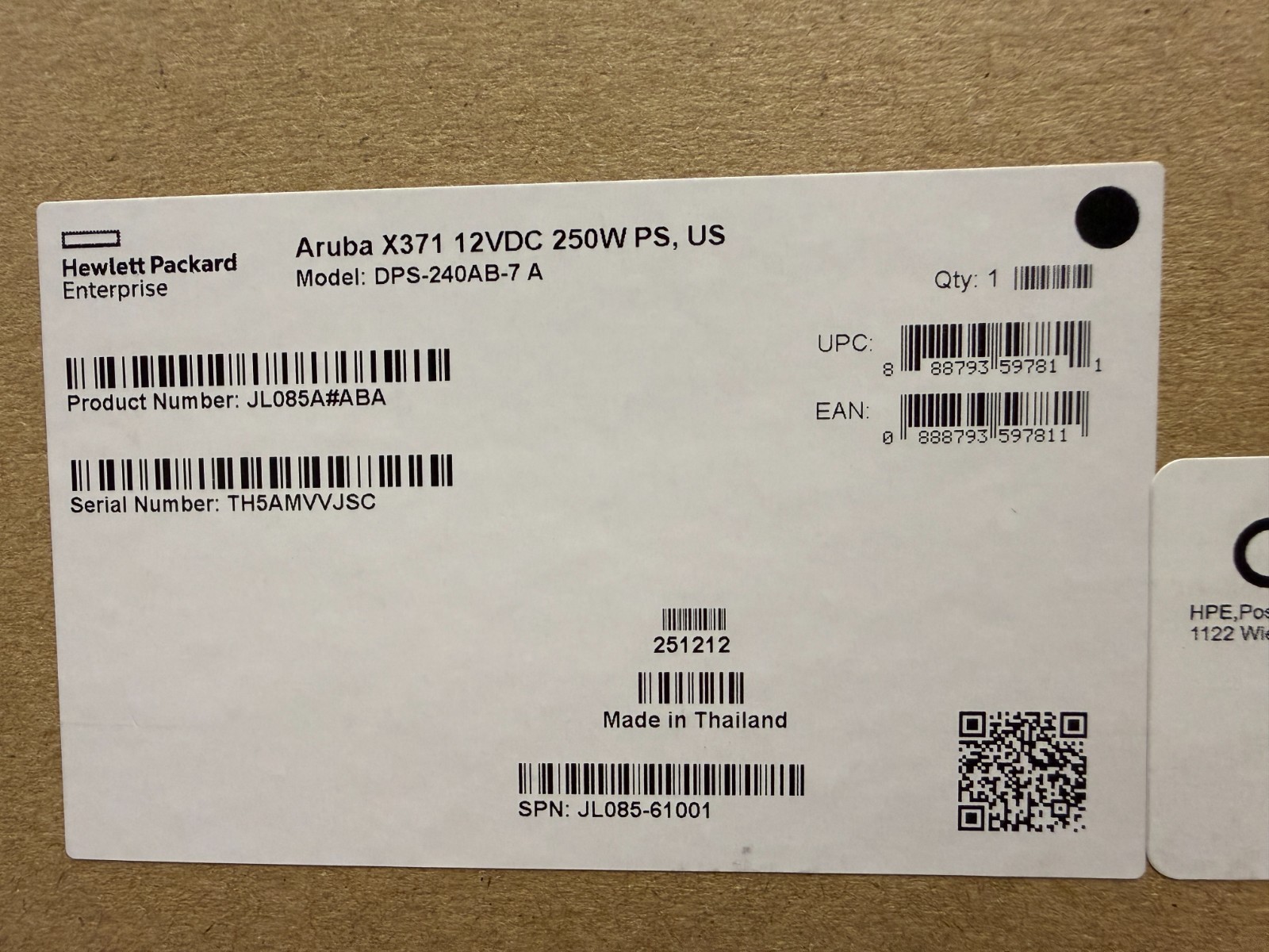 HPE Aruba JL085A X371 12VDC 250W Power Supply