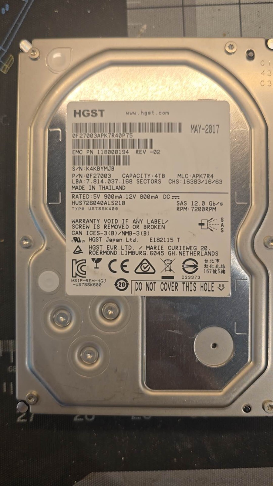 HGST/EMC 118000194 (HUS726040ALS210) 4TB 7.2K 3.5" 6Gbps SAS HD FAST WORK