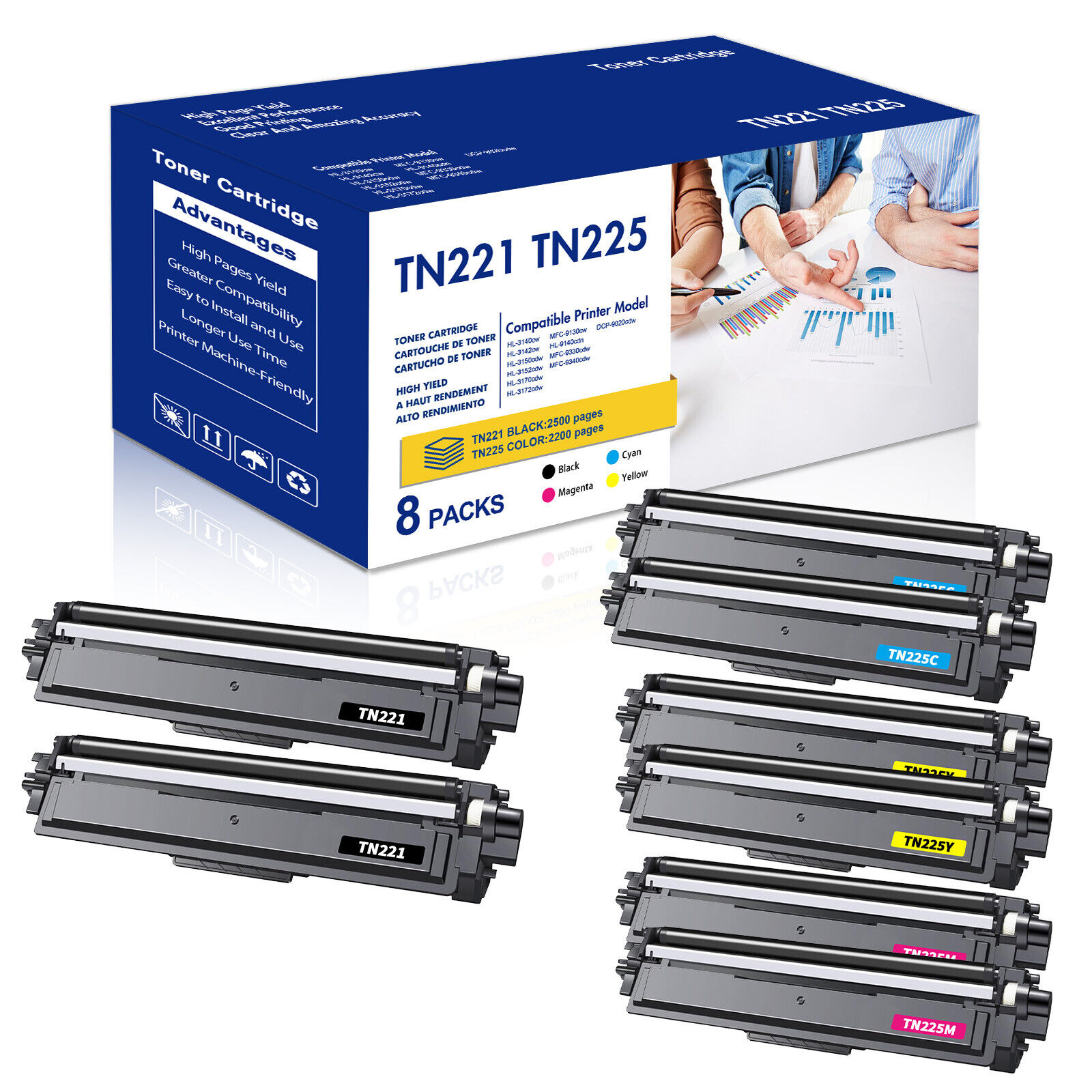 8PK TN221 TN225 Toner Compatible With Brother HL-3170CDW MFC-9340CDW MFC-9130CW