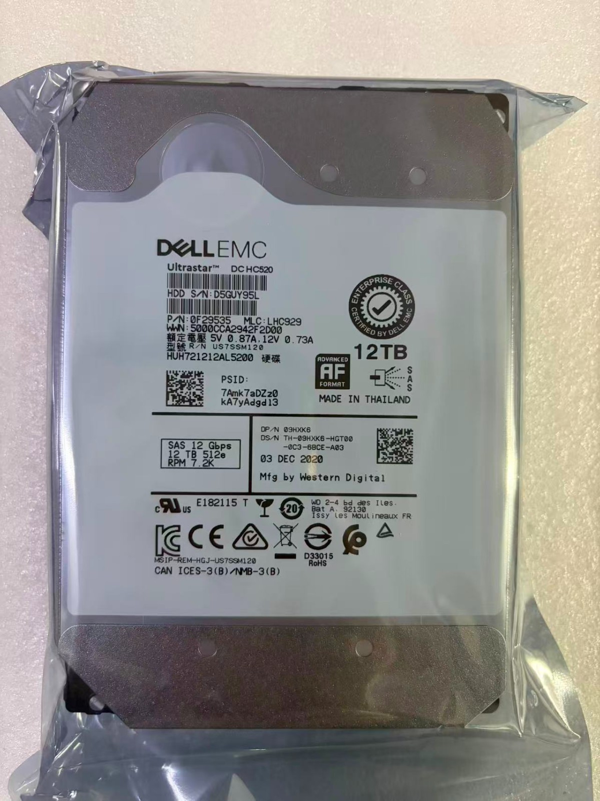 9HXK6 DELL HUH721212AL5200 12TB 7.2K 12Gbs 3.5 SAS 09HXK6 HDD Hard Drive 0F29535