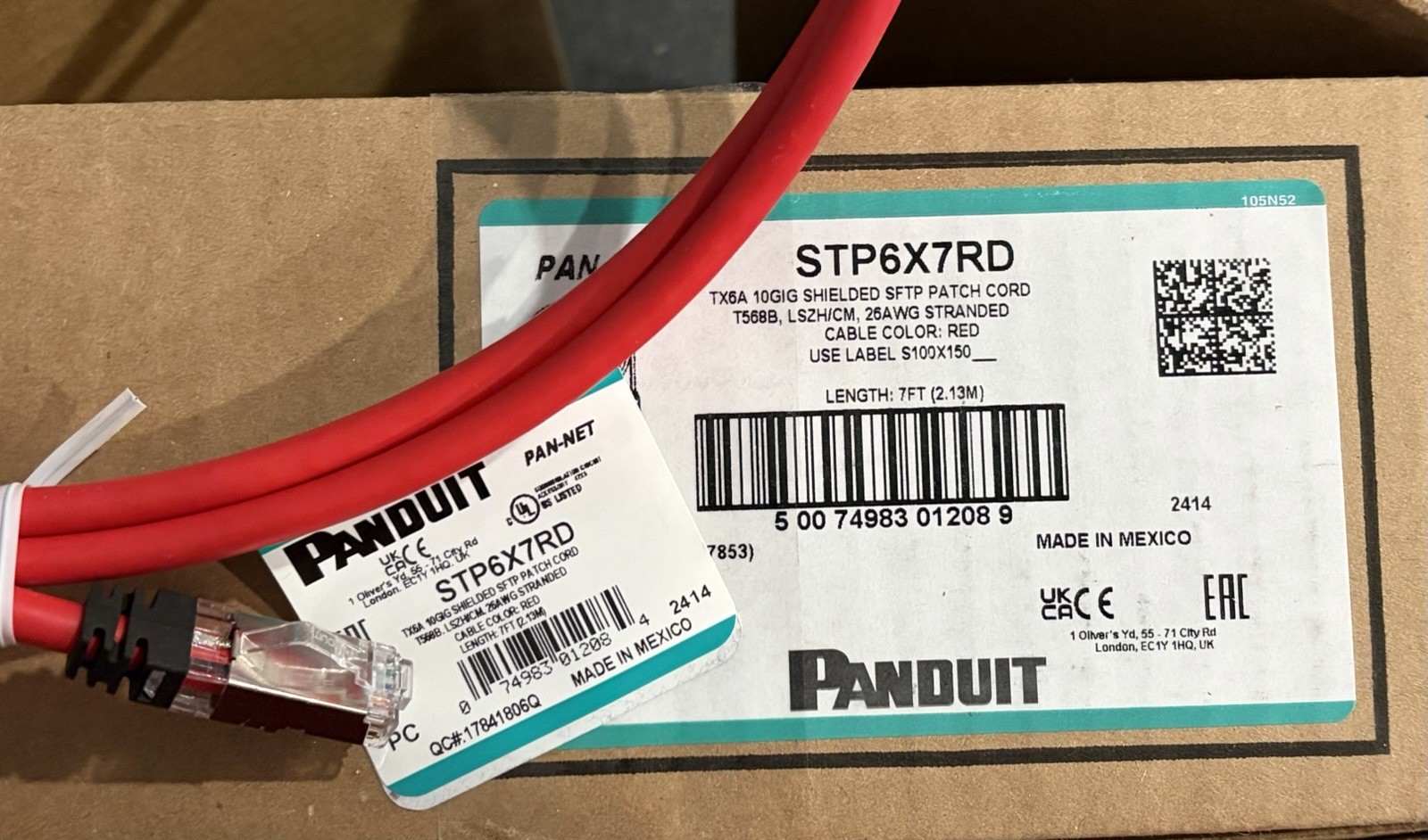 {2}~NEW PANDUIT Pan-Net 7ft Patch Cord STP6X7RD  Cat 6A ,10 Gig