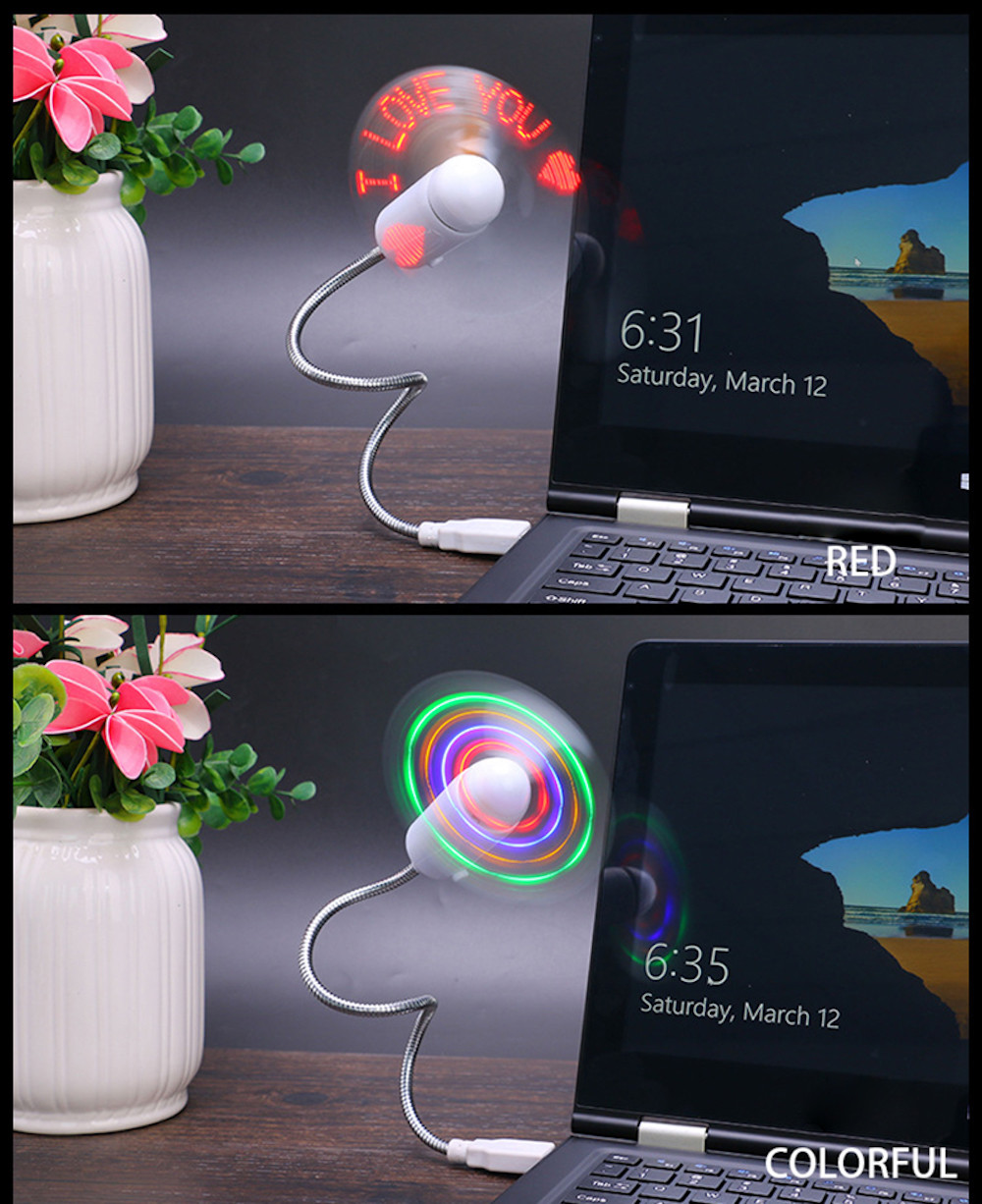 LED LIGHT USB MINI FAN cooling portable flexible laptop desk desktop computer pc