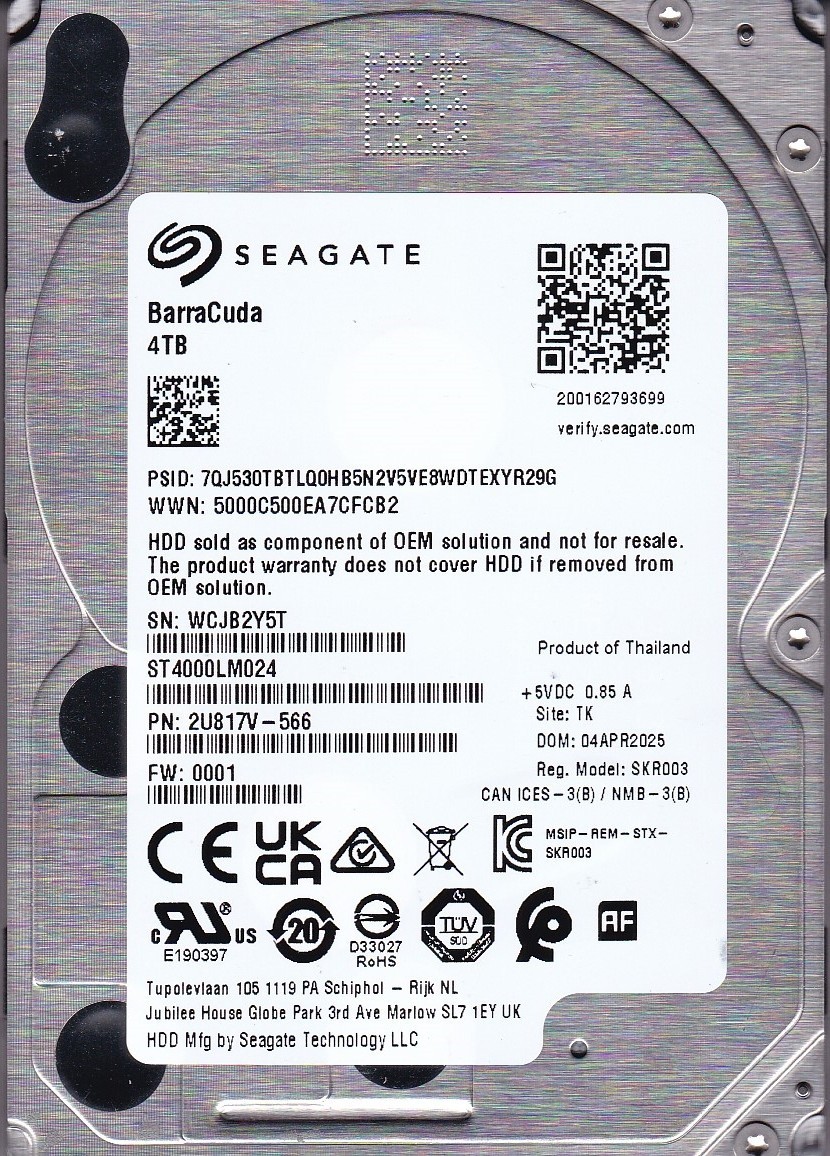 ST4000LM024 p/n: 2U817V-566 s/n: WCJ fw: 0001 TK APR/ 2025 4TB SATA 2.5" SEAGATE