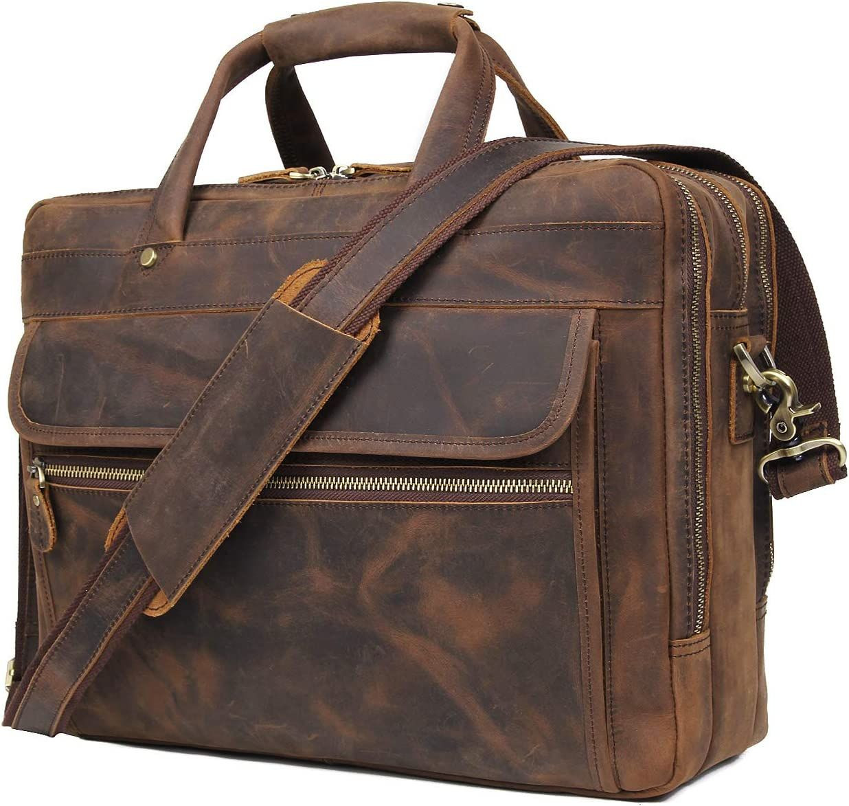 Augus Leather Briefcase for Men Business Travel Messenger Bags 15.6 Brown 