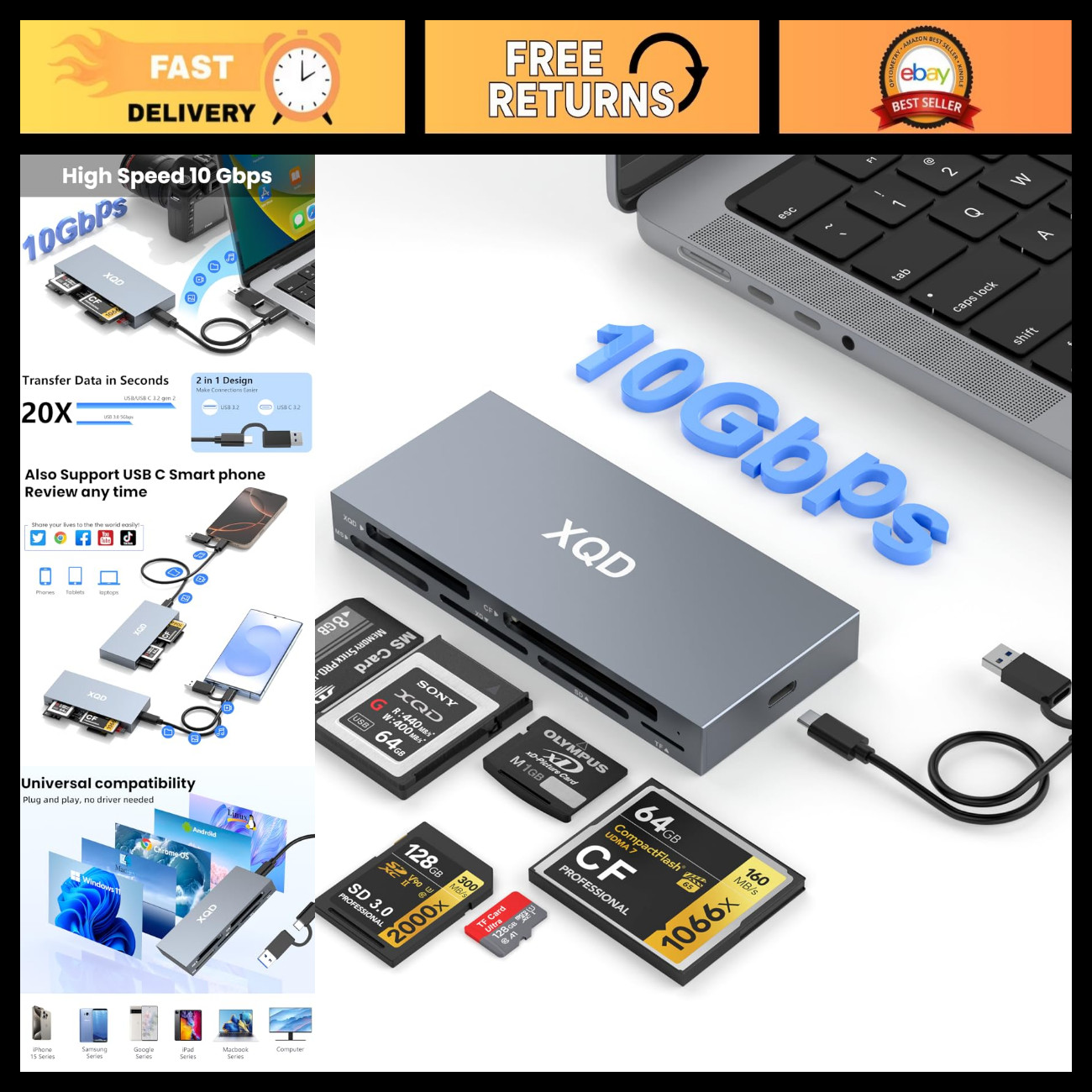10Gbps 8-in-1 Multi-Card Reader USB C for XQD, CF, SD, TF - Fast Memory Hub for