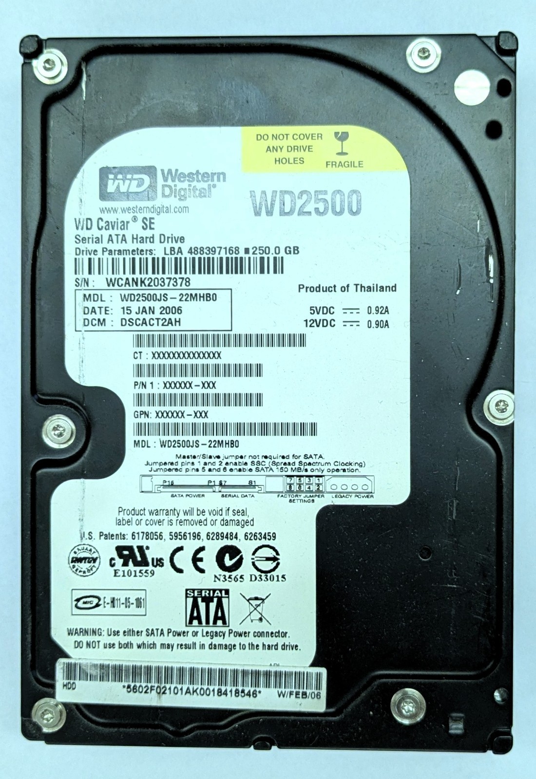 Western Digital Caviar SE 250GB 3.5" SATA Hard Drive WD2500JS-22MHB0 7200 RPM