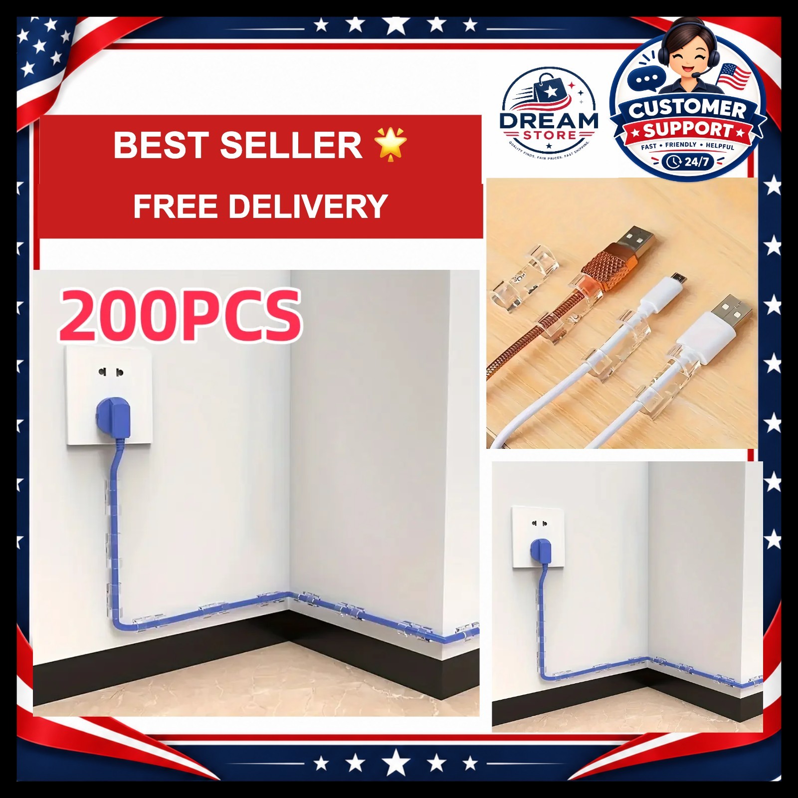 200/10pcs Clear Plastic Cable Clips Transparent Wire Organizers for Wall & Desk