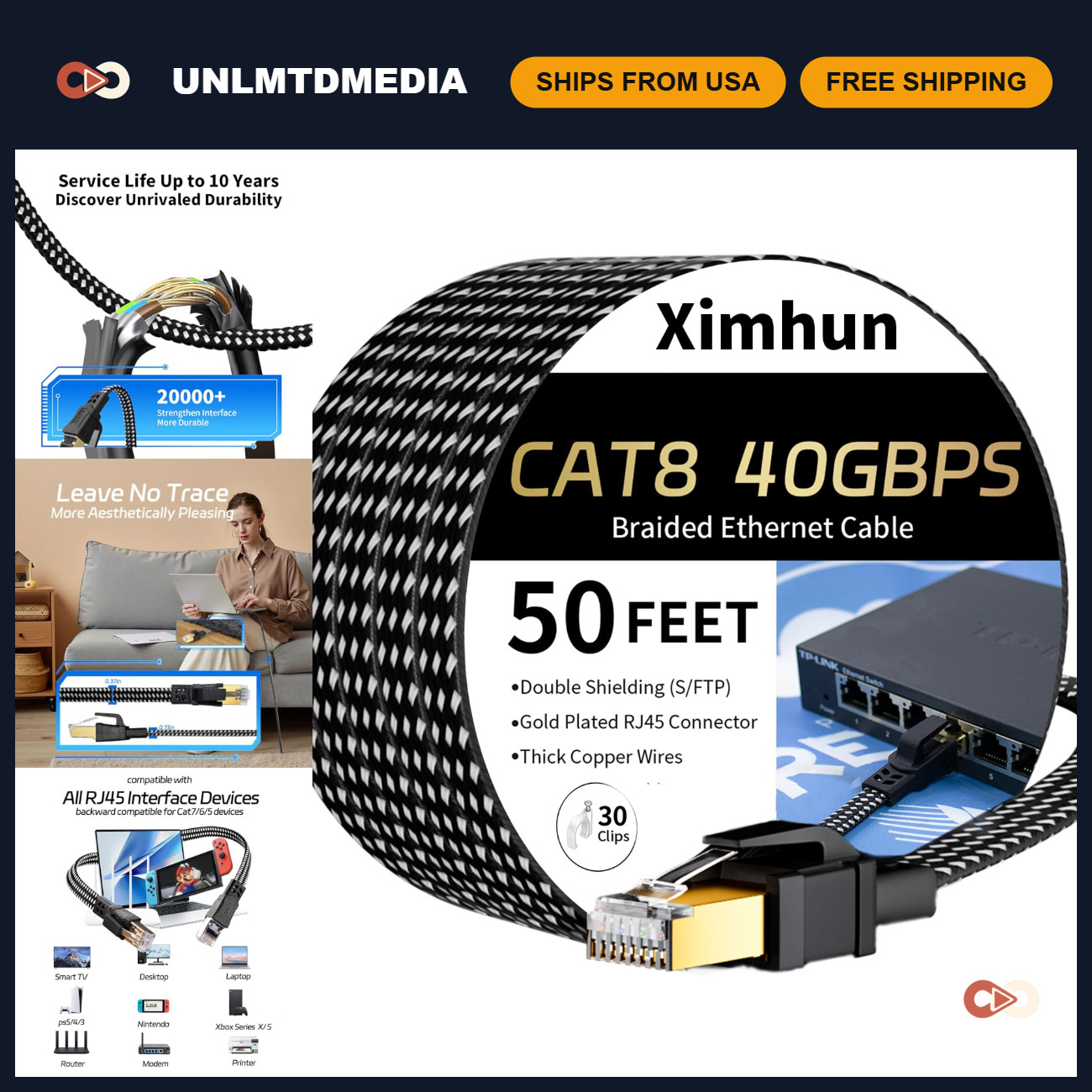 High-Speed Cat 8 Ethernet Cable 50FT, Ultra-Fast Internet Network Cord, Gaming &