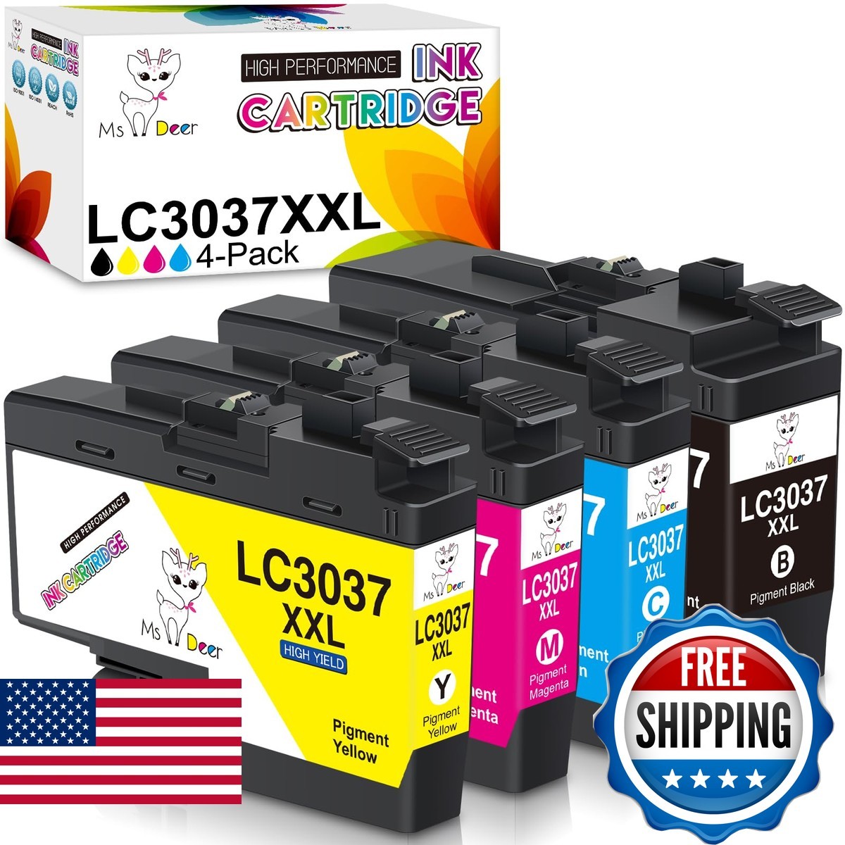 Miss Deer LC3037 Ink Cartridges BK/C/M/Y Brother MFC-J6945DW High-Yield lc3037