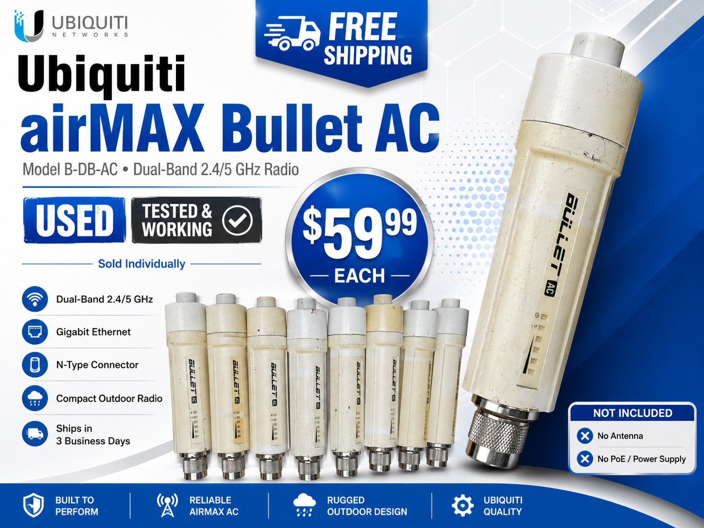Ubiquiti airMAX Bullet AC B-DB-AC Dual-Band Radio 2.4/5GHz Used Tested