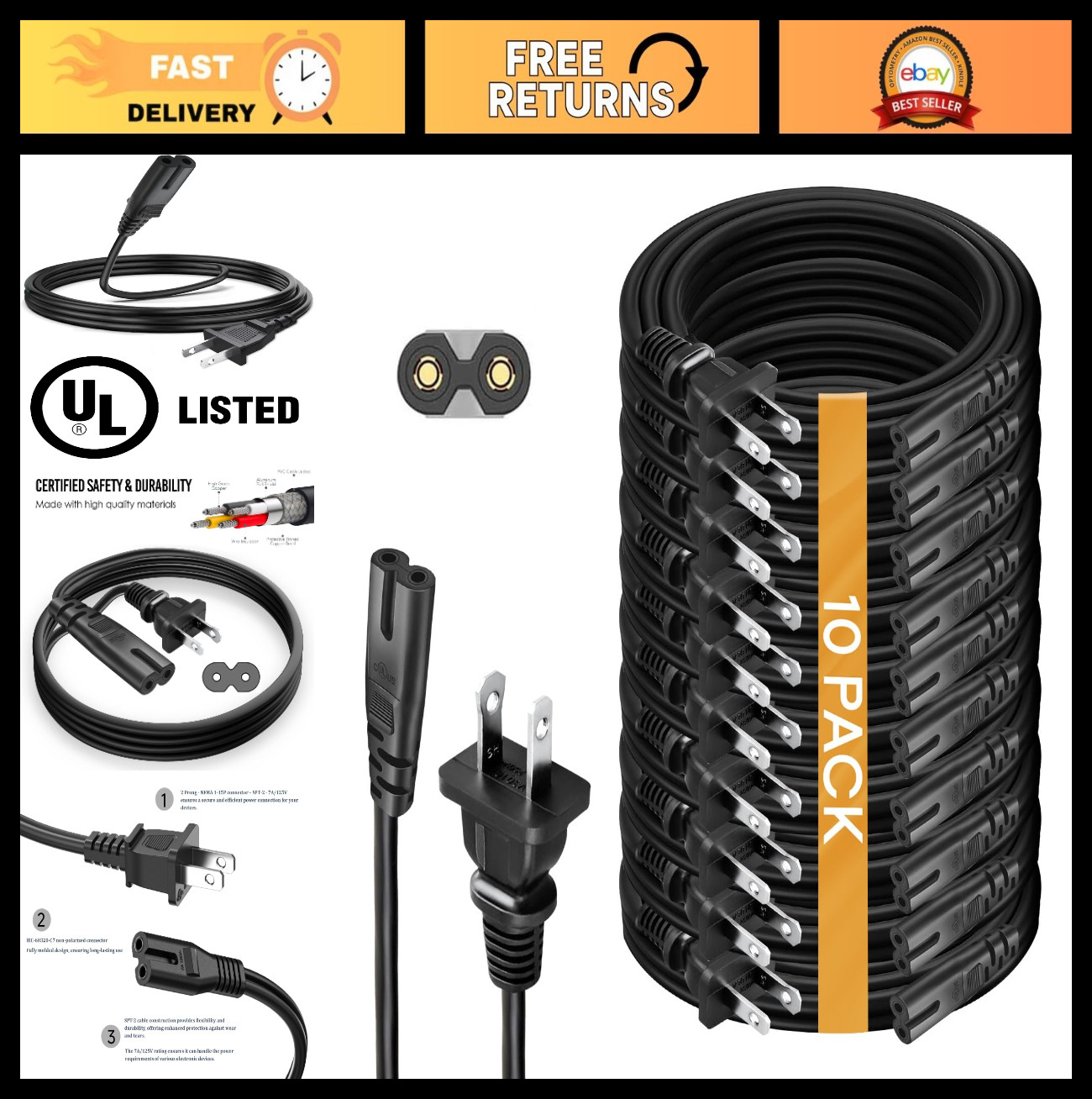 10-Pack 3ft AC Power Cord 2 Prong for TV, PS5, PS4, Xbox, Speaker - C7 Replaceme