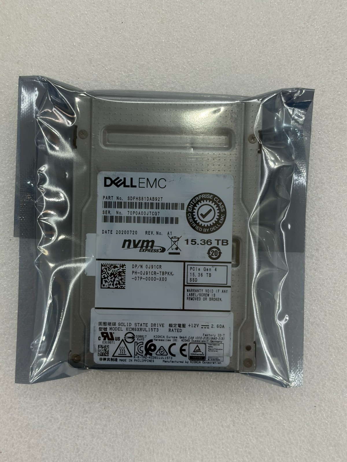 DELL EMC 0J91CR 15.36TB SSD 2.5" NVMe PCIe Gen 4 KCM6XRUL15T3 Solid State Drive