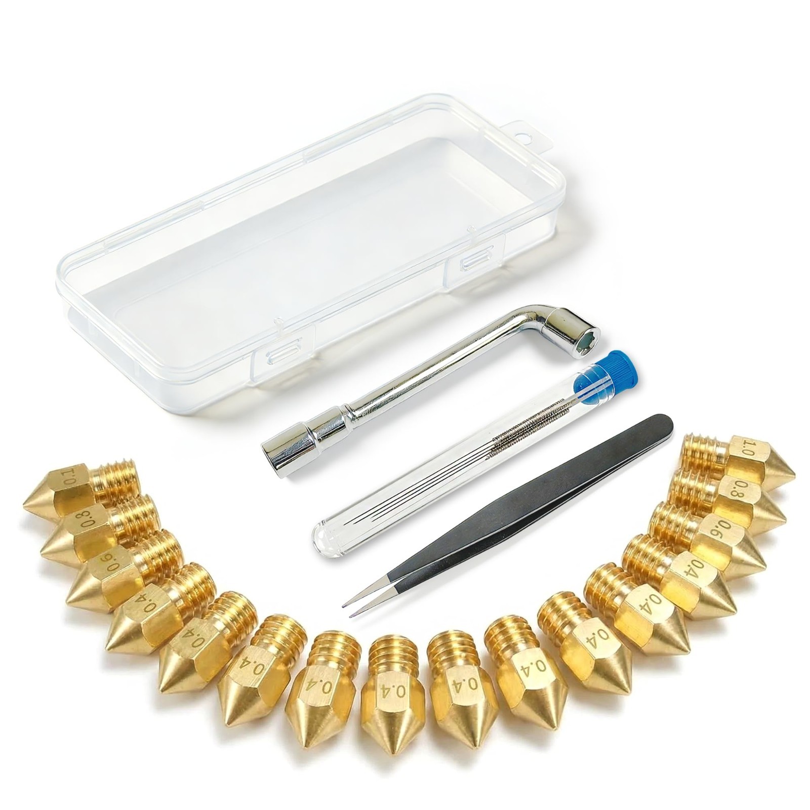 3D Printer Nozzle Kit, 16PCS MK8 Brass Nozzles 0.2/0.4/0.6/0.8/1.0mm with Wre...