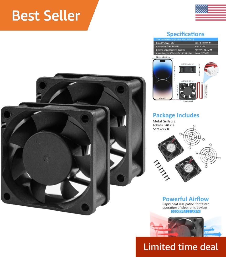 High-Speed 60mm 12V DC Fan - 5600RPM Airflow Solution for Electronics 2-Pack