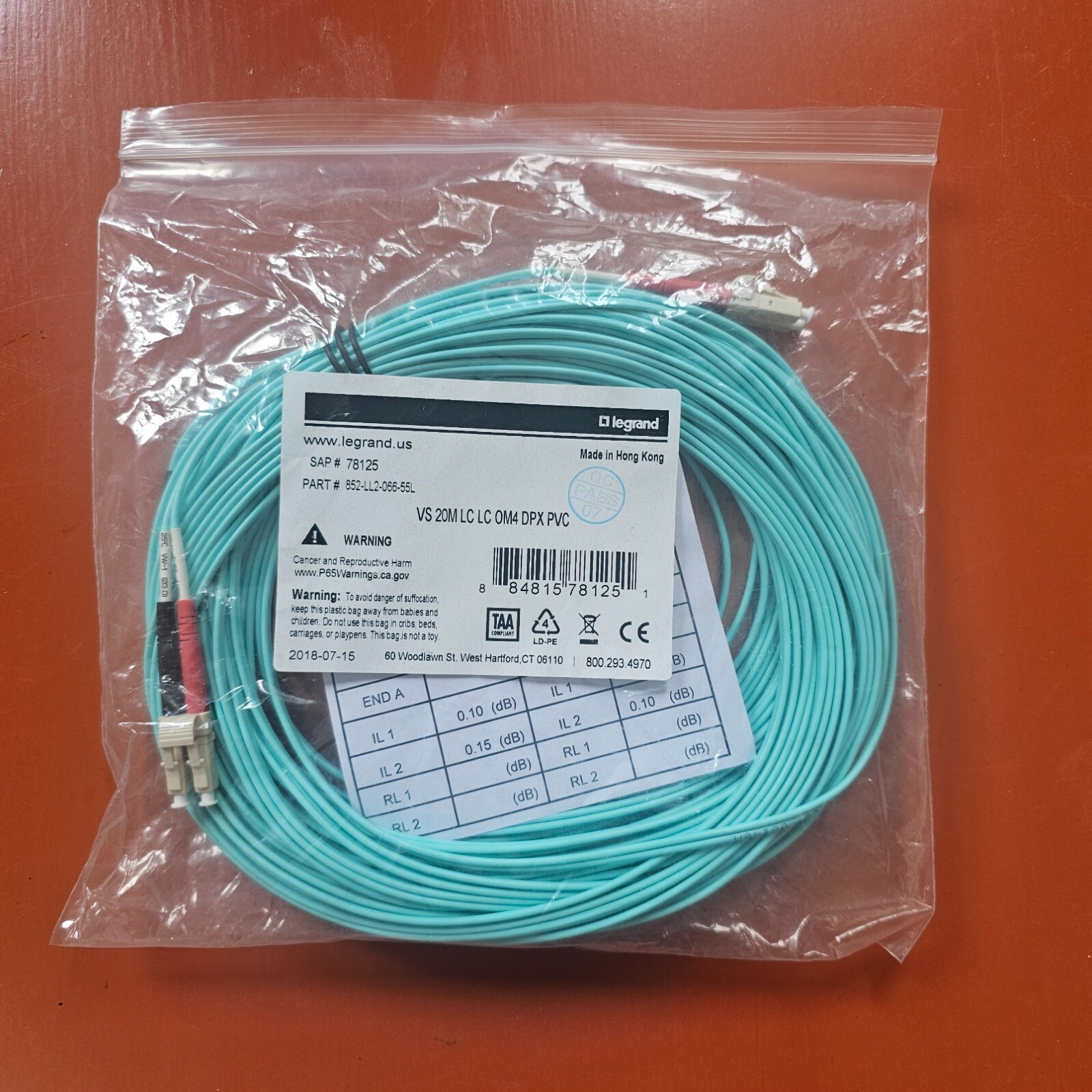 Legrand 852-LL2-066 VS 20M LC LC 10G DPX PVC Fiber Optic Cable, Aqua 20 Meters