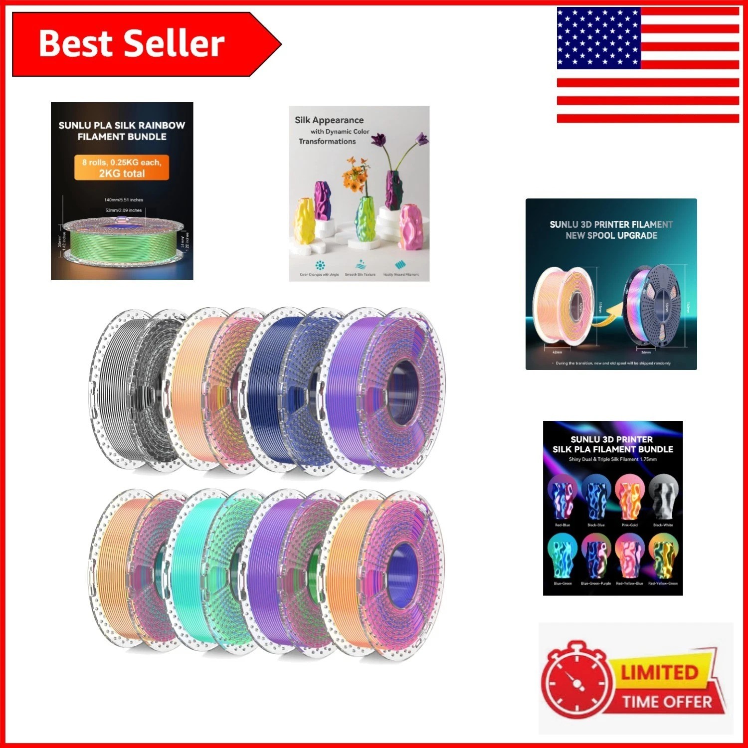 Silk Multicolor Filament Bundle for 3D Printers - 2kg of Vibrant Color Options