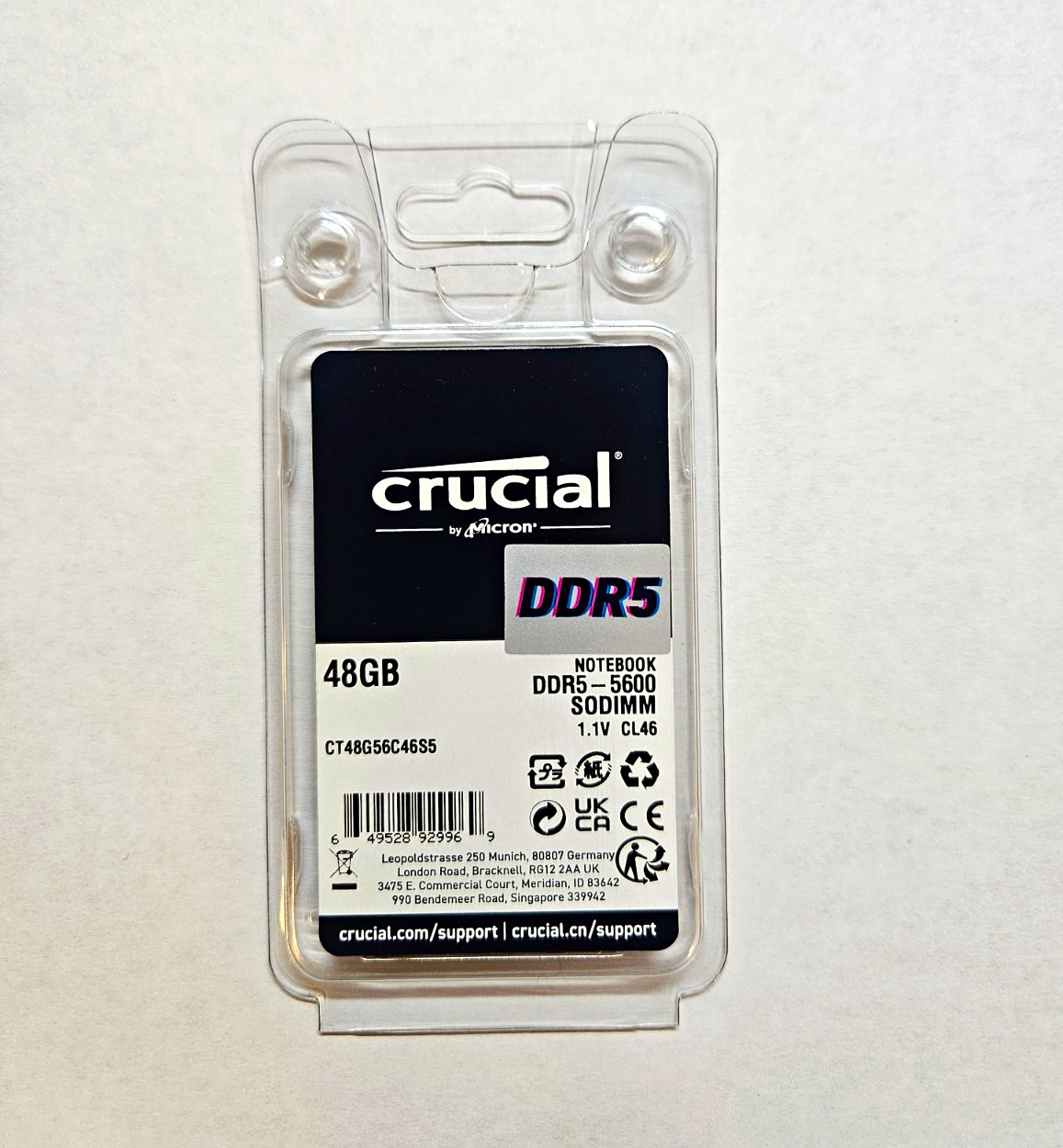 Crucial 48GB DDR5-5600 SO-DIMM Laptop RAM 262-Pin Non-ECC CT48G56C46S5