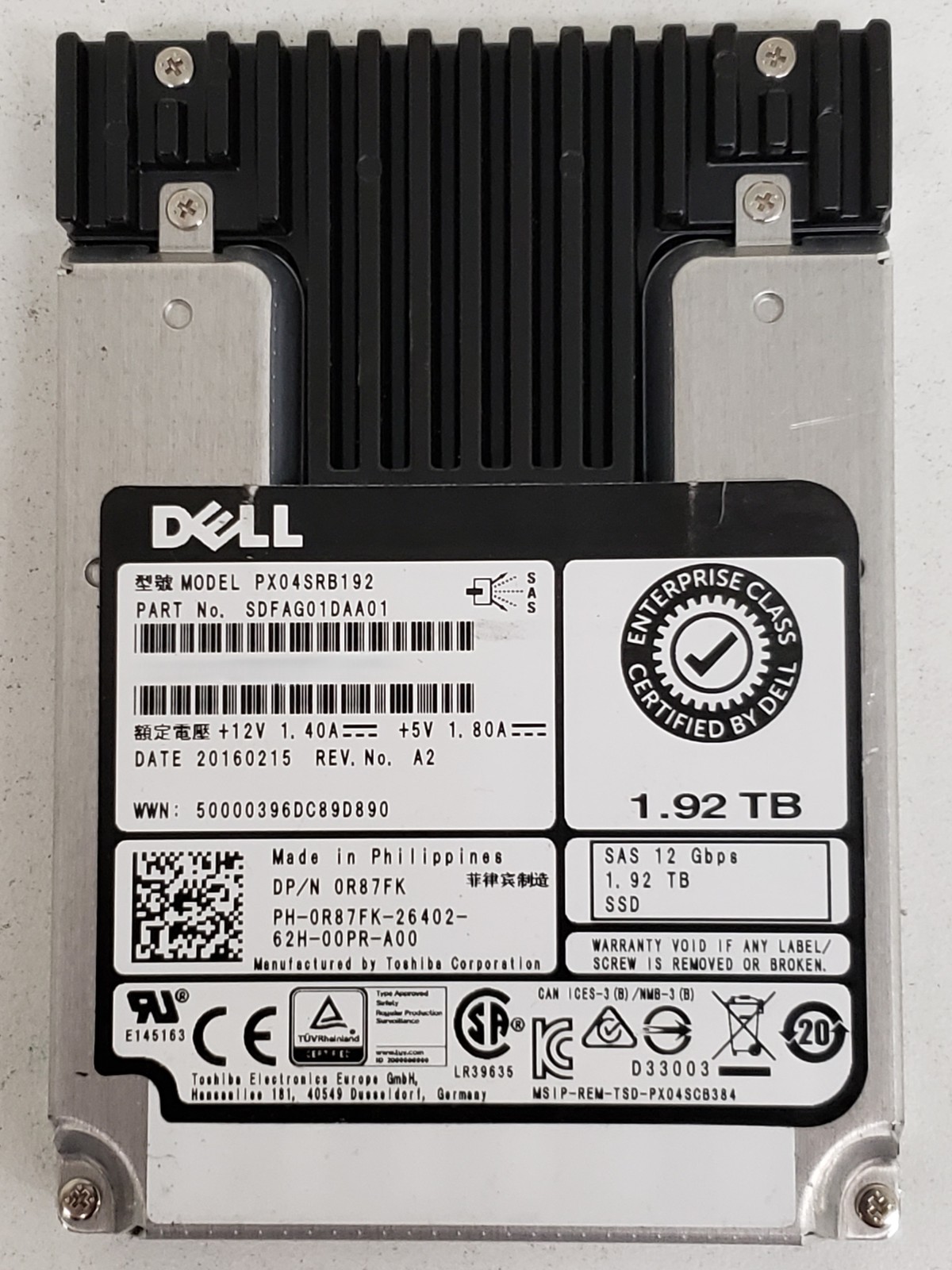 Dell PX04SRB192 1.92TB 2.5in 12Gb/s SAS SSD P/N: SDFAG01DAA01 Tested
