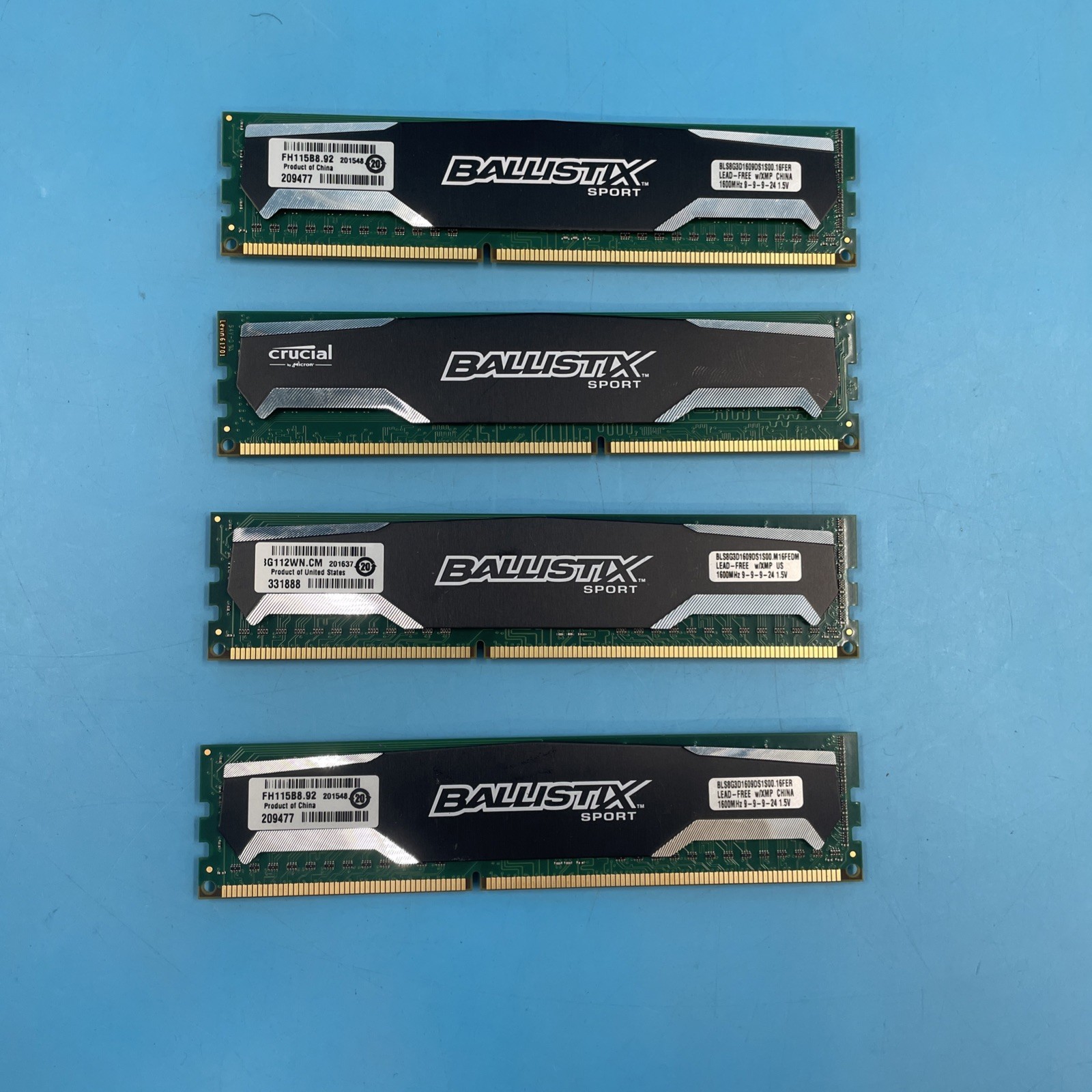 (LOT OF 4) Crucial Ballistix Sport 8GB PC3-12800 DDR3-1600 DIMM Gaming RAM