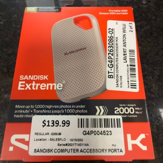 SANDISK  EXTREME 1 TB PORTABLE SSD (G4P004523)