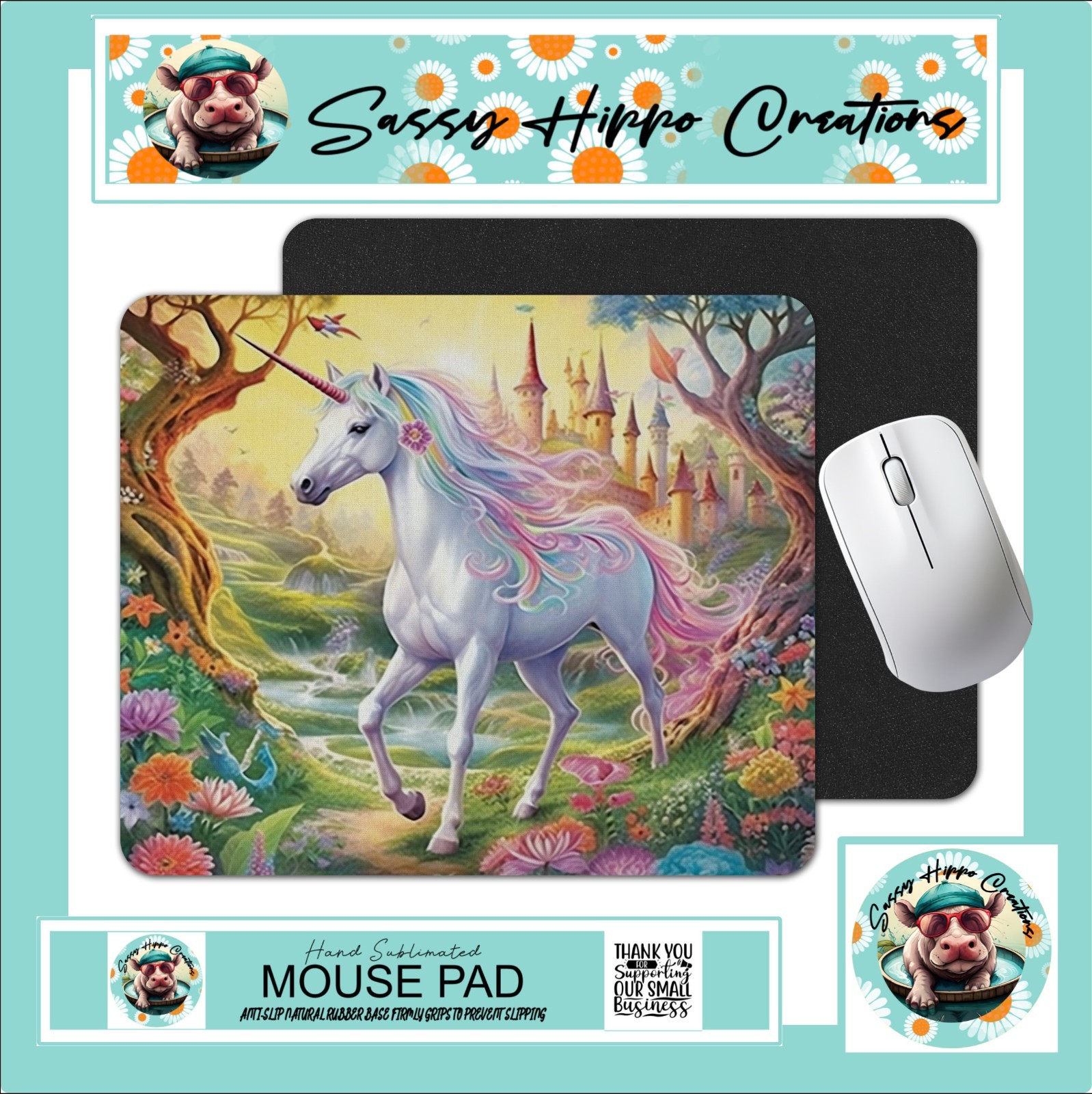 Mouse Pad Unicorn Castle Forest Flowers Fairytale Anti Slip Back Easy Clean