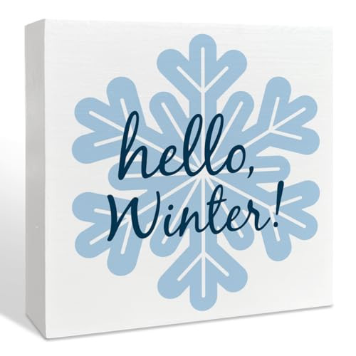 Hello Winter Decor Wooden Box Sign, Christmas Snowflake Table Decor Holiday 