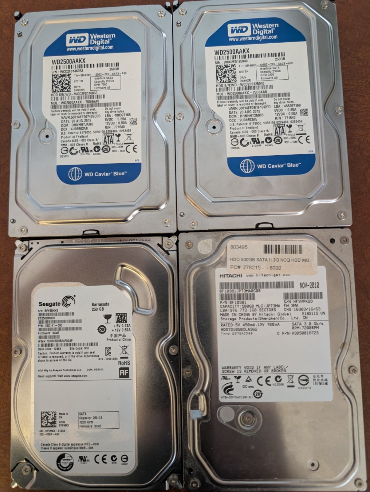 Lot of 4 Mixed SATA HDD 3x250GB 1x500GB WD Blue Hitachi Seagate