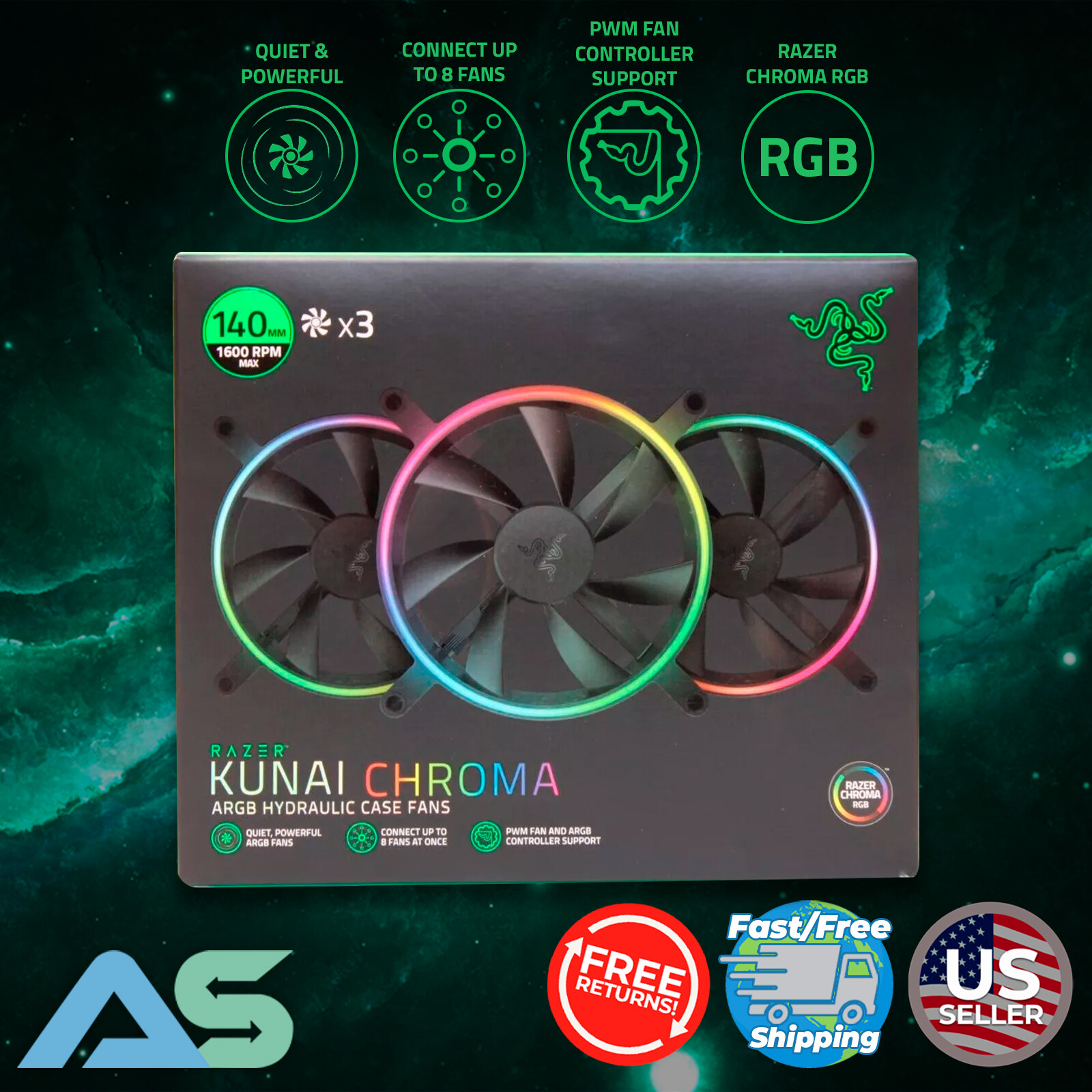 Razer Kunai Chroma 140mm 1600RPM Max ARGB and PWM Hydraulic Case Fans (3 Fans)