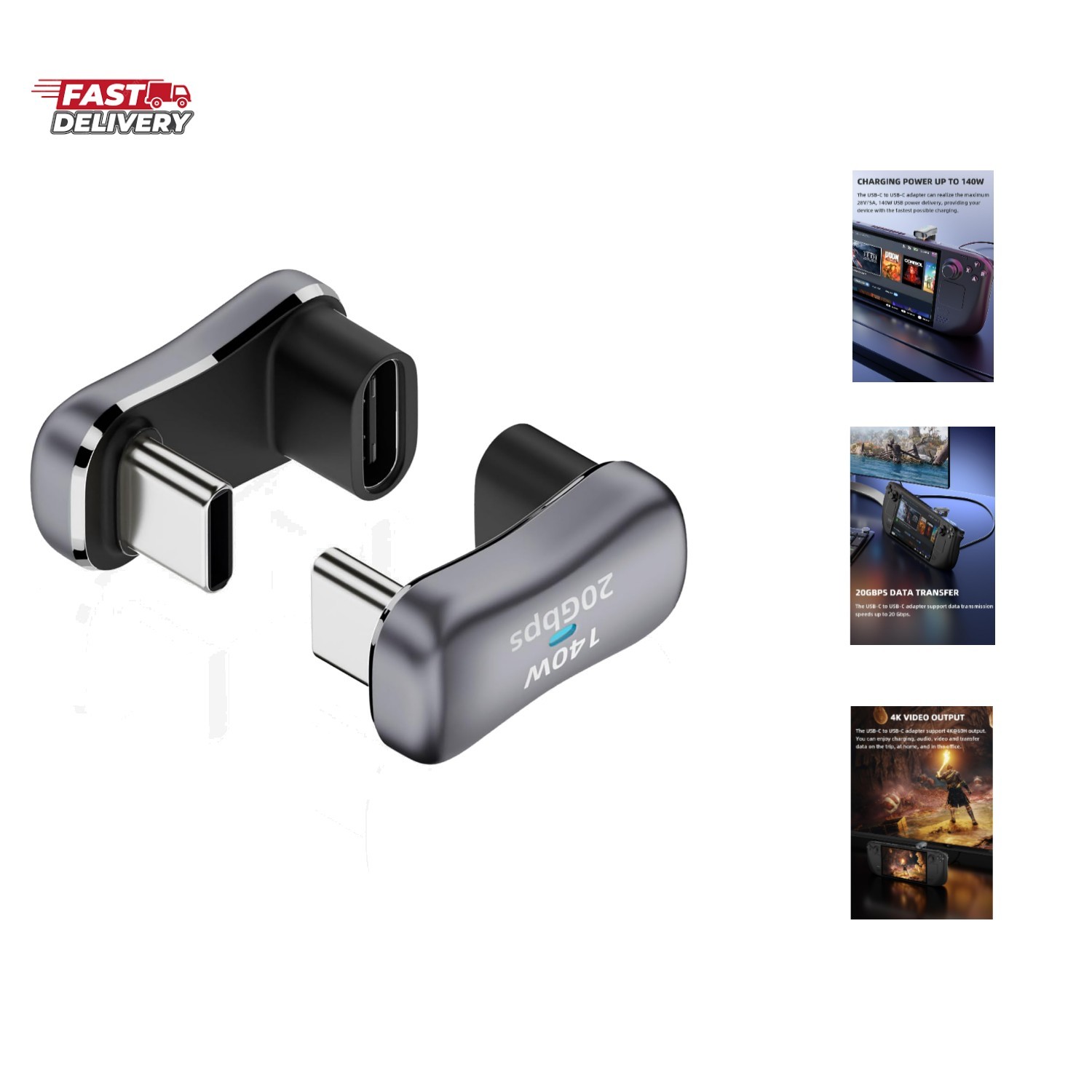 180 Degree Angle USB C Adapter 2 Pack, Grey | U Shape Type C Male to Female 2...