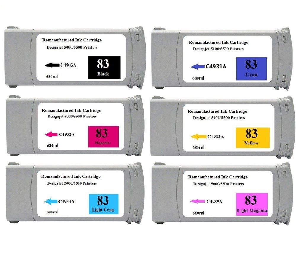 Full Pack A Set 6 Colors for HP 83 Reman ink cartridge For DesignJet 5000 5500