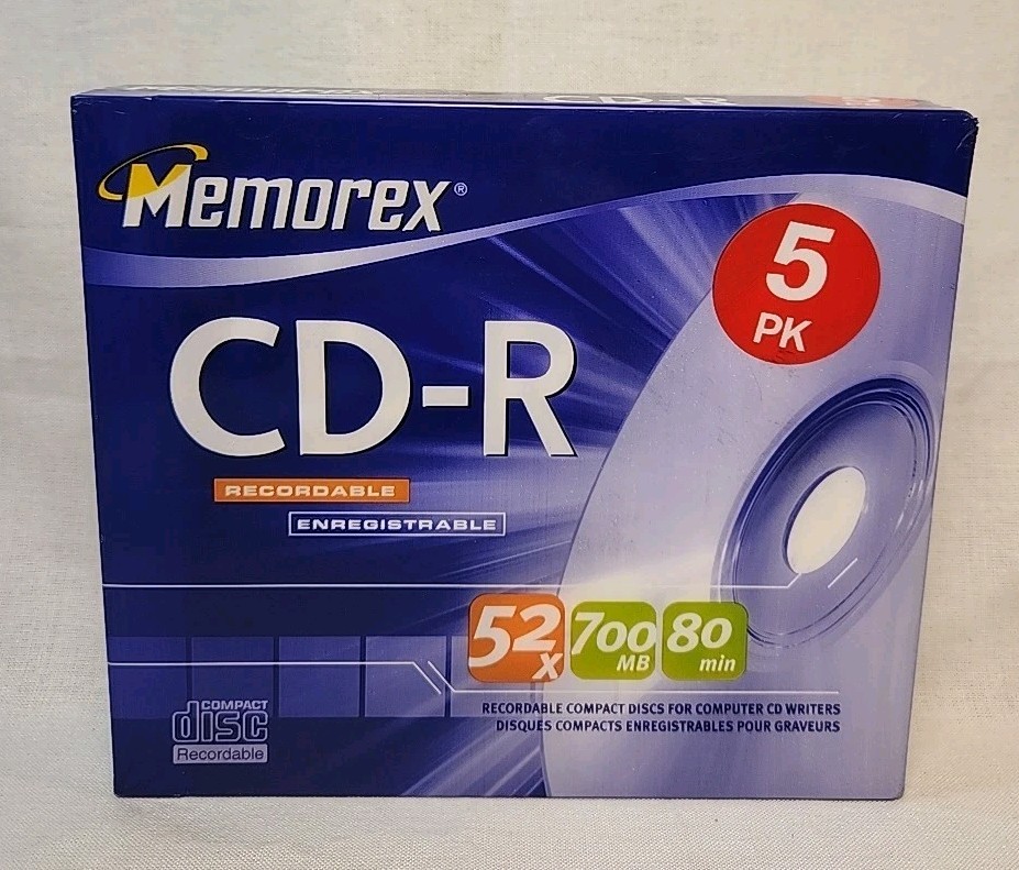 Memorex CD-R 5 Pack 52x 700MB 80 Min Jewel Cases NIP Factory Sealed~VTG 2004