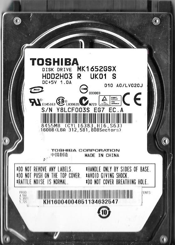 Toshiba MK1652GSX HDD2H03 R UK01 S 160GB Sata Hard Drive
