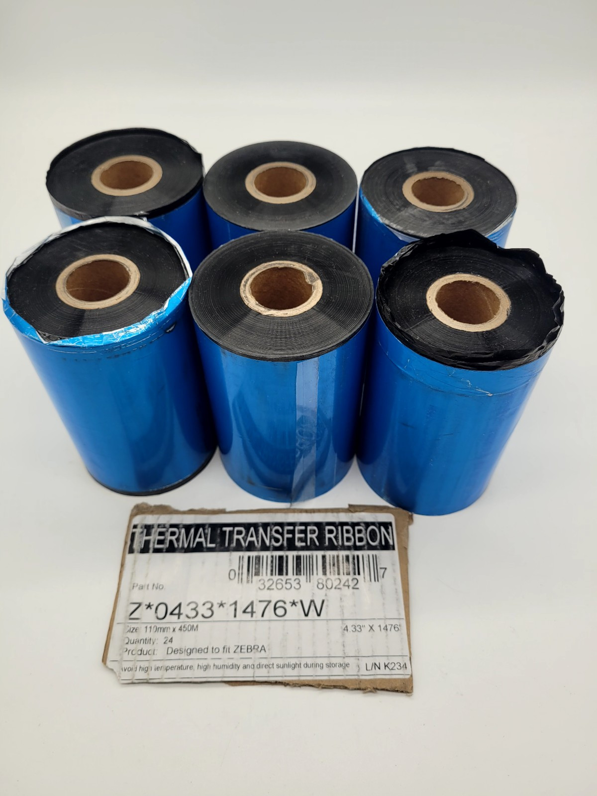 6 pk Thermal Transfer Ribbon for Zebra Printer 110mm x 450M, 4.33" x 1476' Rolls